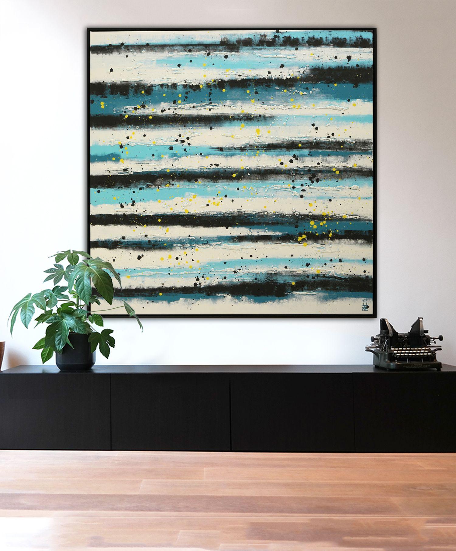 Acrylic Abstract Painting, Original artwork created by Ronald Hunter.    A touch of color to warm up your home. For this painting I have combined a stylish off-white (or pale beige) with blue and black undertones. The yellow splatters bring a