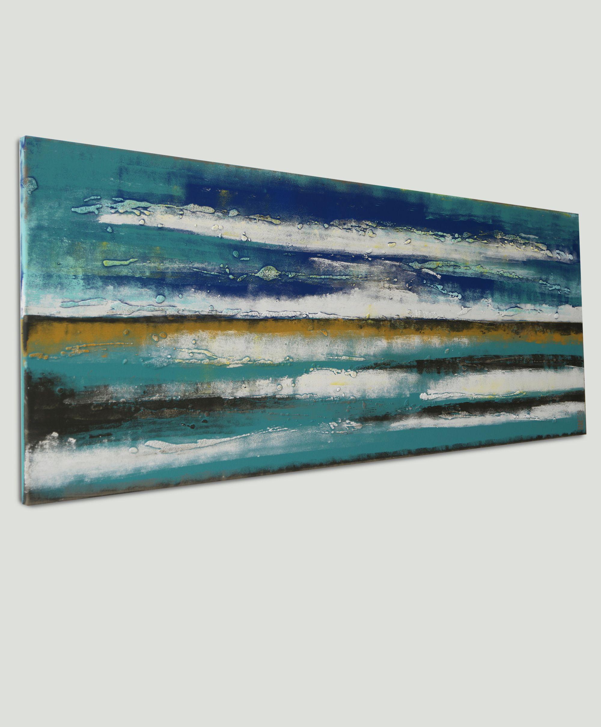 An abstract composition of blue shades and brown, reminiscent of a shoreline. This abstract painting is made with many layers of acrylic paint, creating depth and texture. :: Painting :: Abstract :: This piece comes with an official certificate of