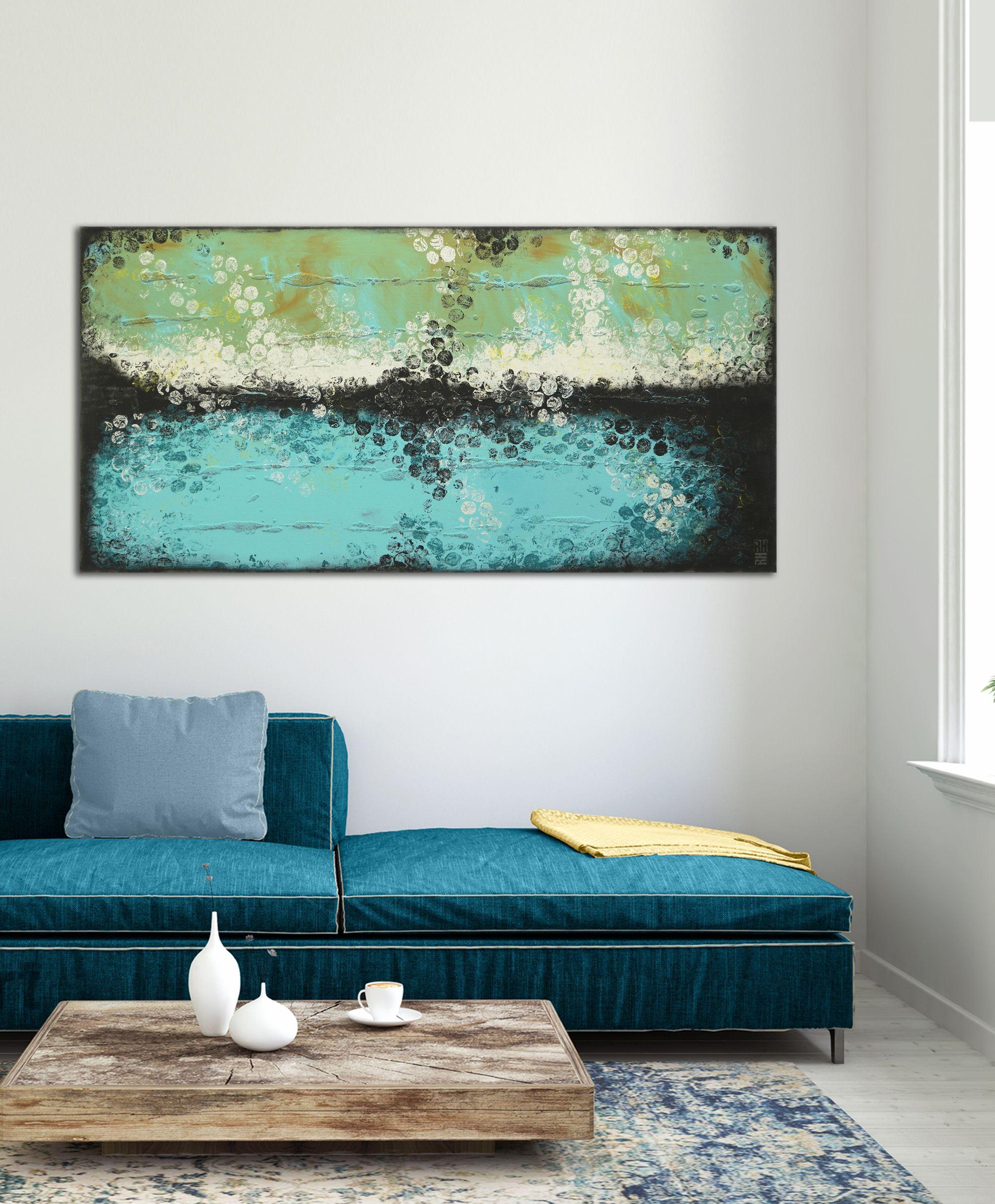 Extra Large Acrylic Abstract Painting, Original artwork created by Ronald Hunter.    An abstract composition of blue and brown shades, reminiscent of an open horizon. This abstract painting is made with many layers of acrylic paint, creating depth