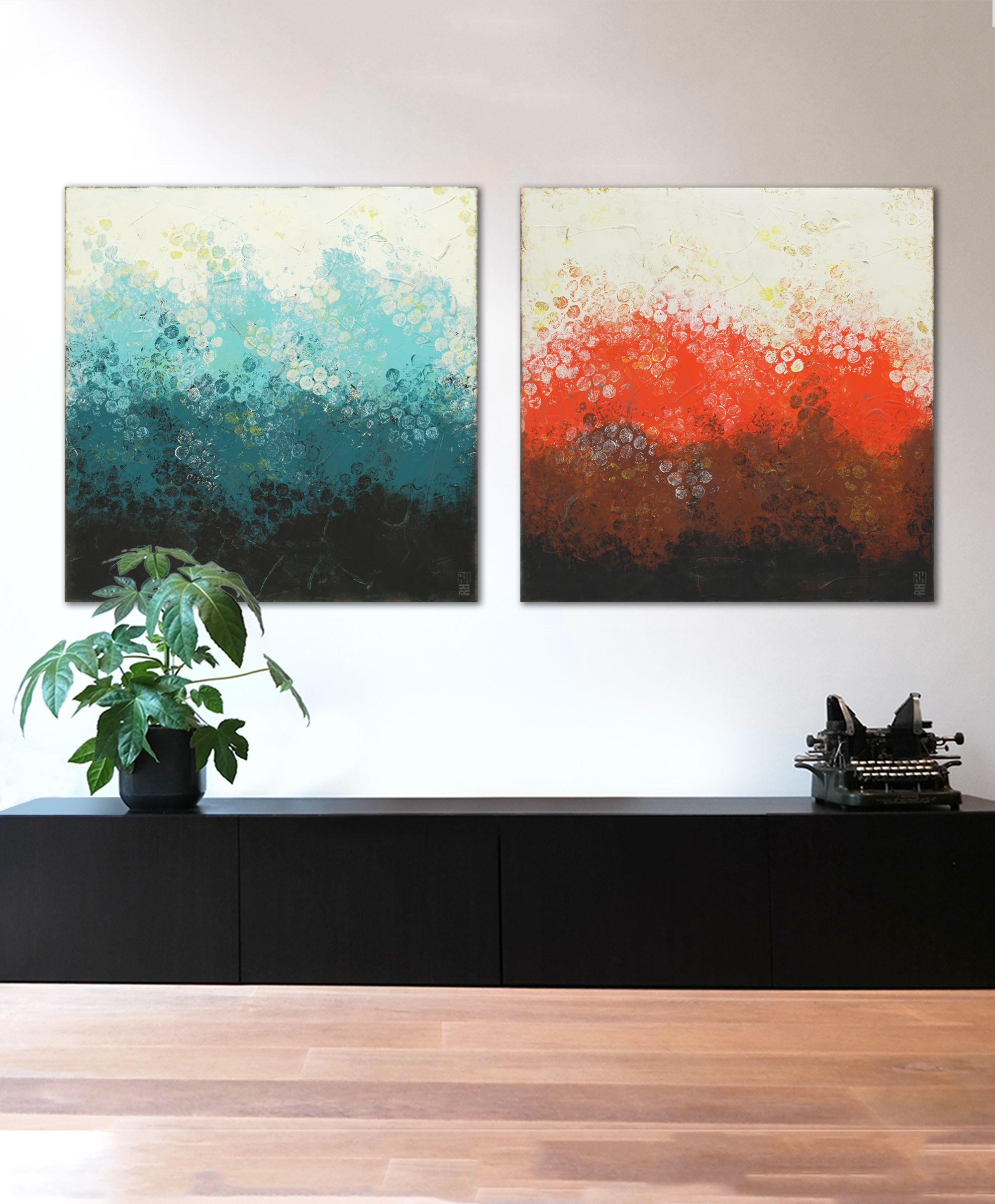 Pittura astratta in acrilico, opera d'arte originale creata da Ronald Hunter.    Le pennellate veloci creano un senso di movimento, di energia positiva che scorre liberamente. Questo bellissimo quadro astratto è realizzato con molti strati di
