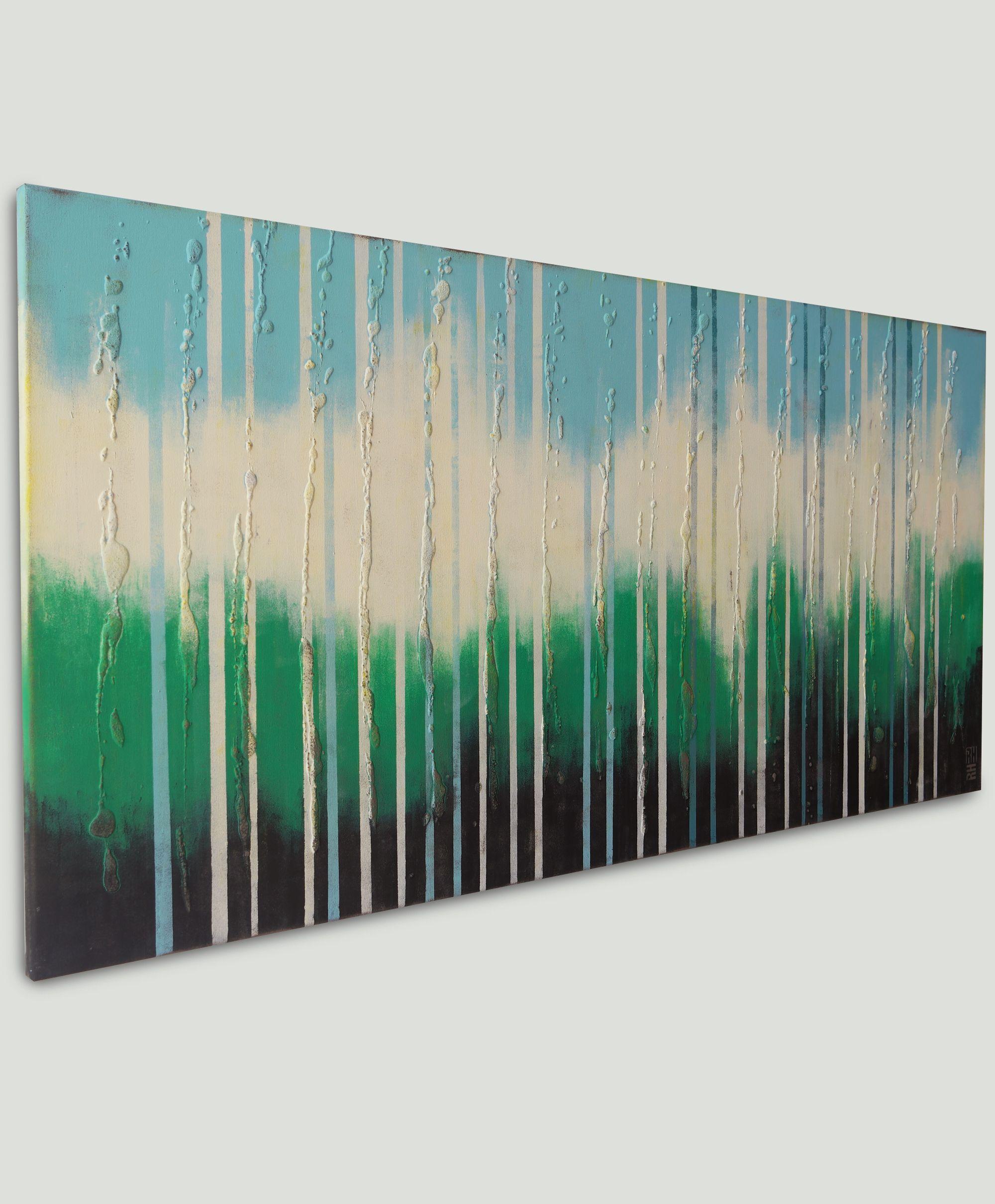 White gradually transitions into deep green hues, evoking a sense of depth, of being submerged. Layers of acrylic paint and texture give the painting an interesting twist. This minimalist piece brings peace to the room and fits into any interior