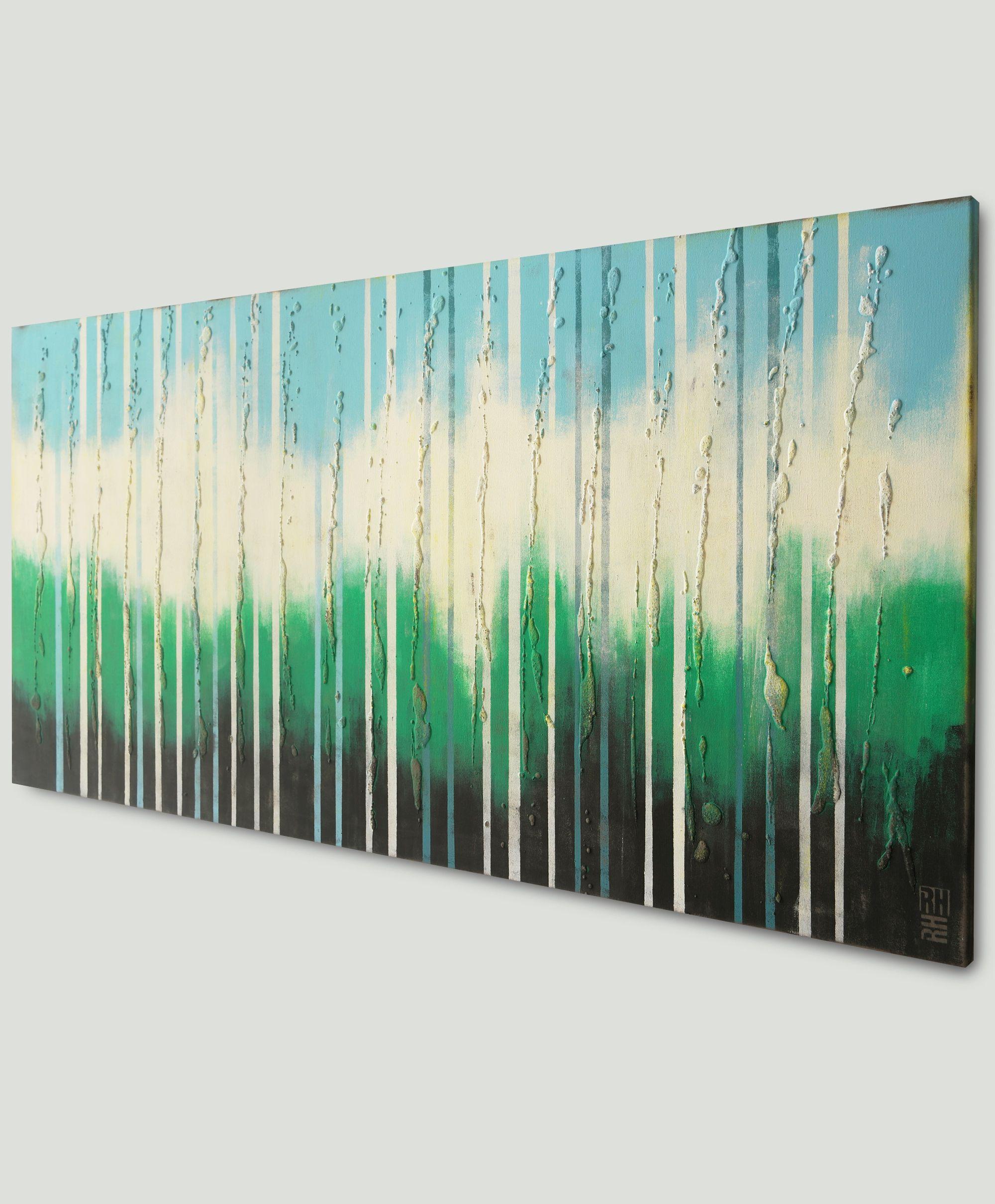 Acrylic Abstract Painting, Original artwork created by Ronald Hunter.    White gradually transitions into deep green hues, evoking a sense of depth, of being submerged. Layers of acrylic paint and texture give the painting an interesting twist. This