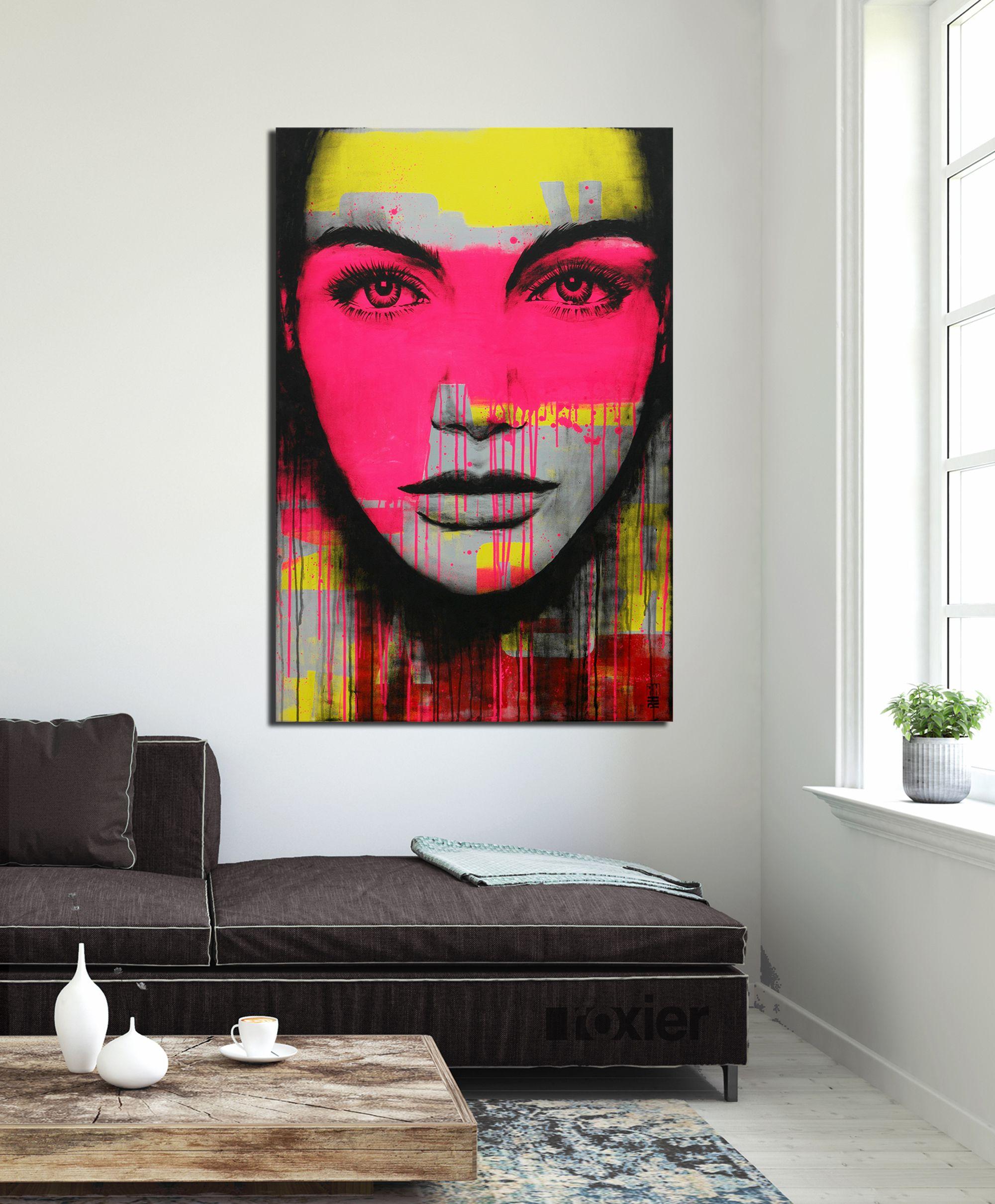 All hand painted pop art girl - Bright Eyes - created by Ronald Hunter in acrylic and neon ink.    Meet â€œBright Eyesâ€, the latest addition to Ronaldâ€™s â€˜Pop Art Girlâ€™ serie. â€˜Pop Art Girlâ€™ is a serie of paintings where he mixes a female