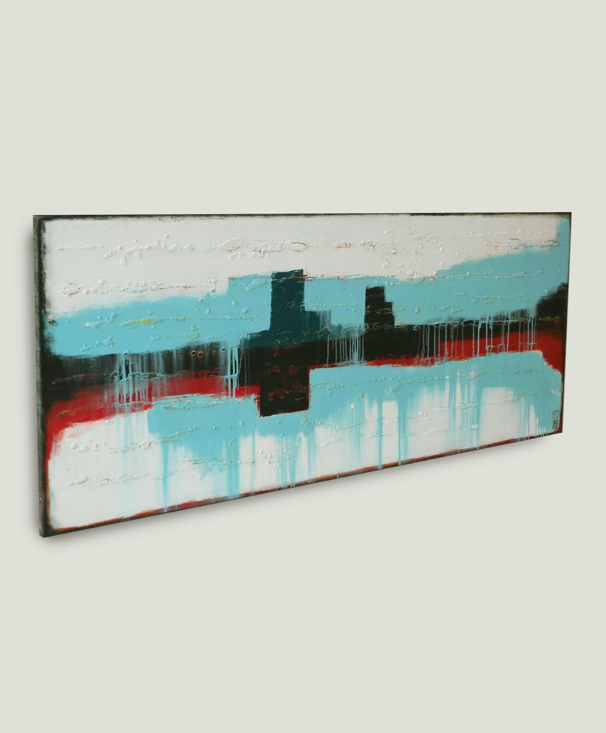 A balanced composition of white, blue and black, reminiscent of a city skyline, with a touch of red. The fresh minimal feel of this painting will complement any interior. :: Painting :: Abstract :: This piece comes with an official certificate of