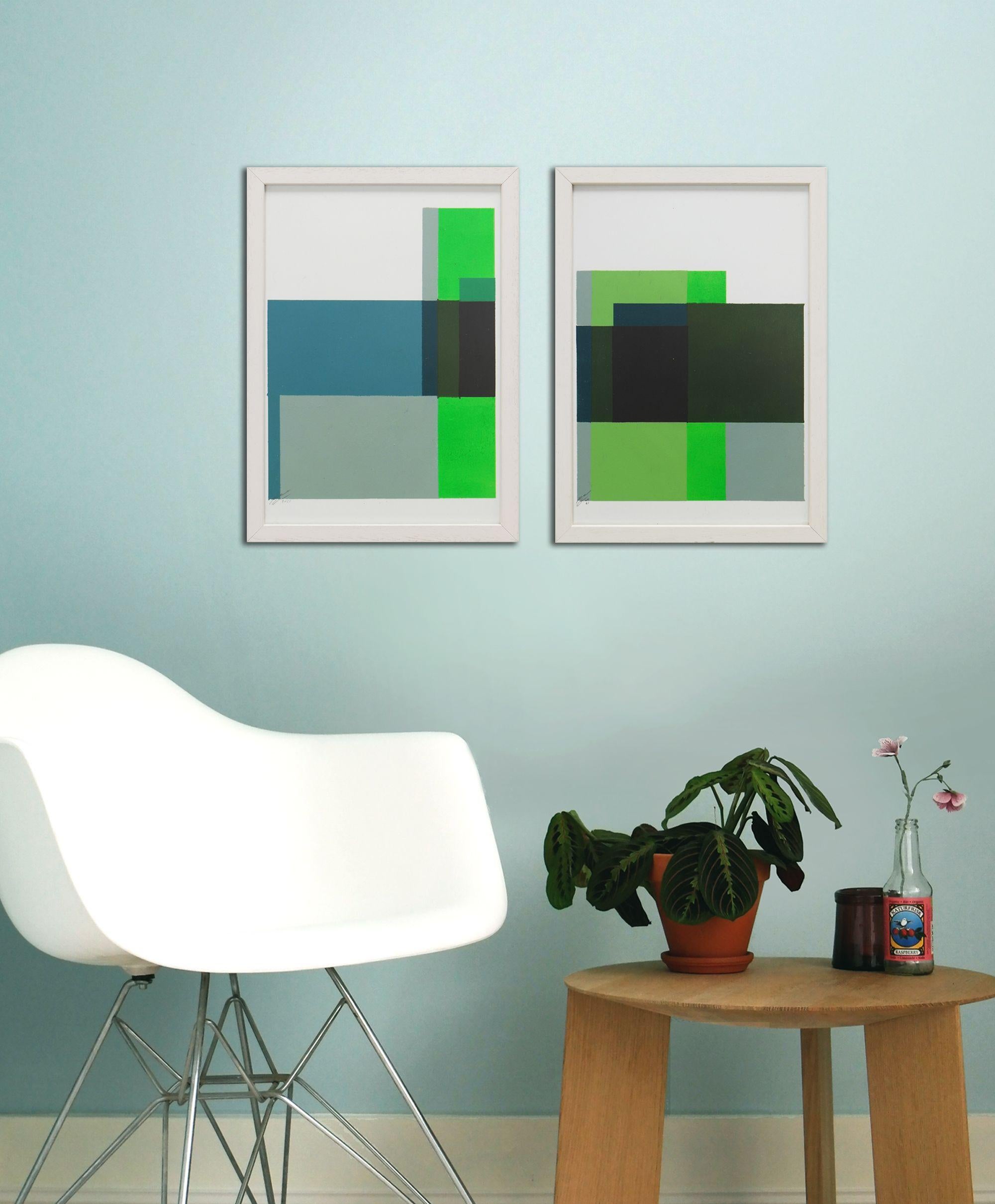 Acrylic Abstract Painting, Original artwork created by Ronald Hunter.  Two in one; this pair of paintings on paper complement each other, or can be used as two separate pieces, to accommodate your personal style or decor - Including wood frame.   