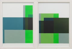 Cubistic Modern Green - Diptych - Incl Frame, Painting, Acrylic on Paper