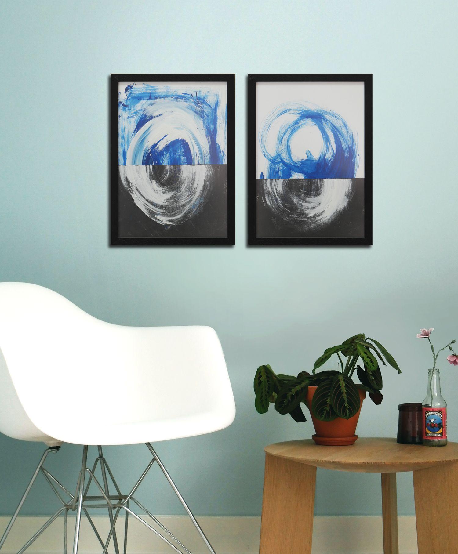 Dreamwave Black- Diptych - Incl Frame, Painting, Acrylic on Paper - Blue Abstract Painting by Ronald Hunter