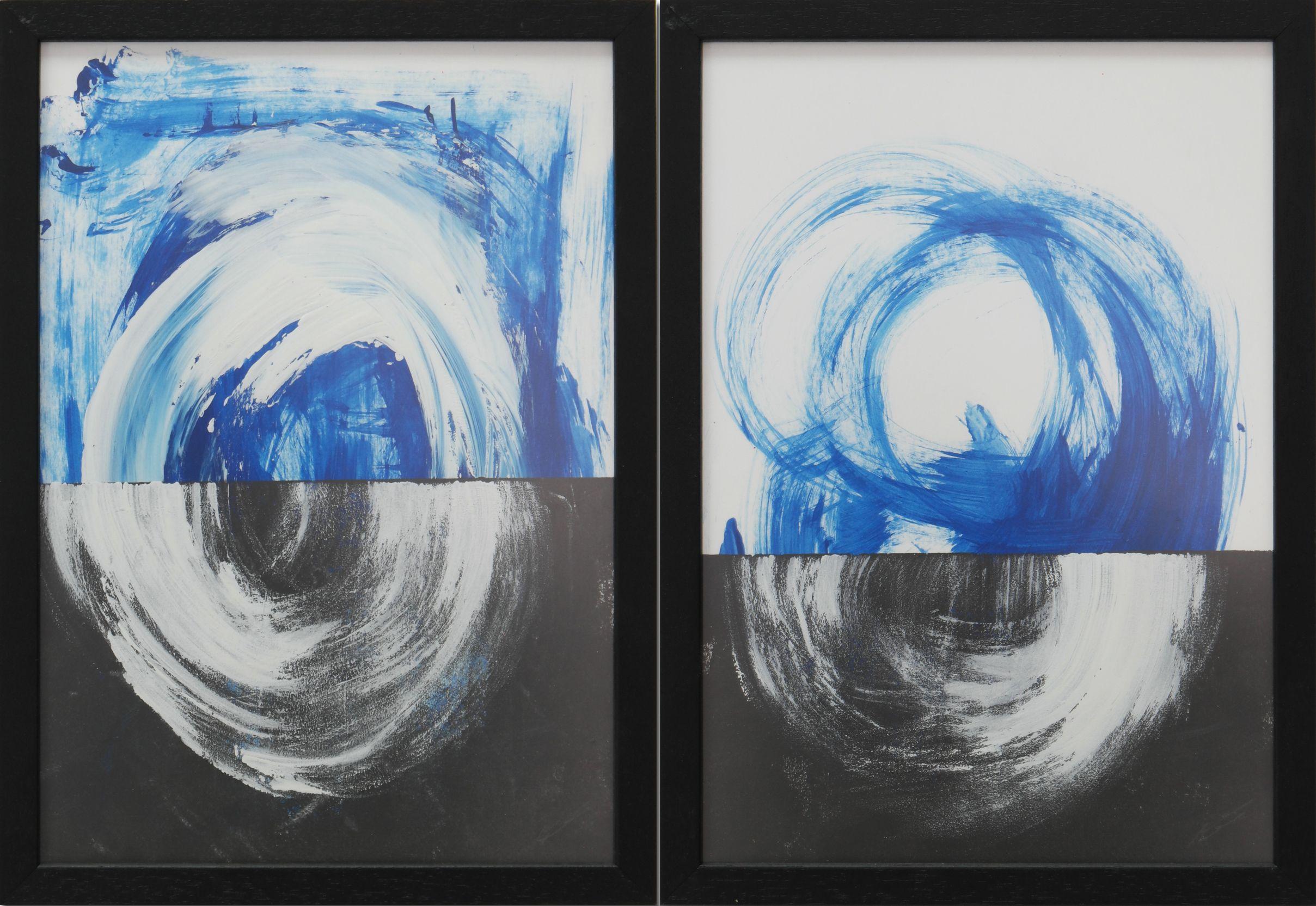Ronald Hunter Abstract Painting - Dreamwave Black- Diptych - Incl Frame, Painting, Acrylic on Paper