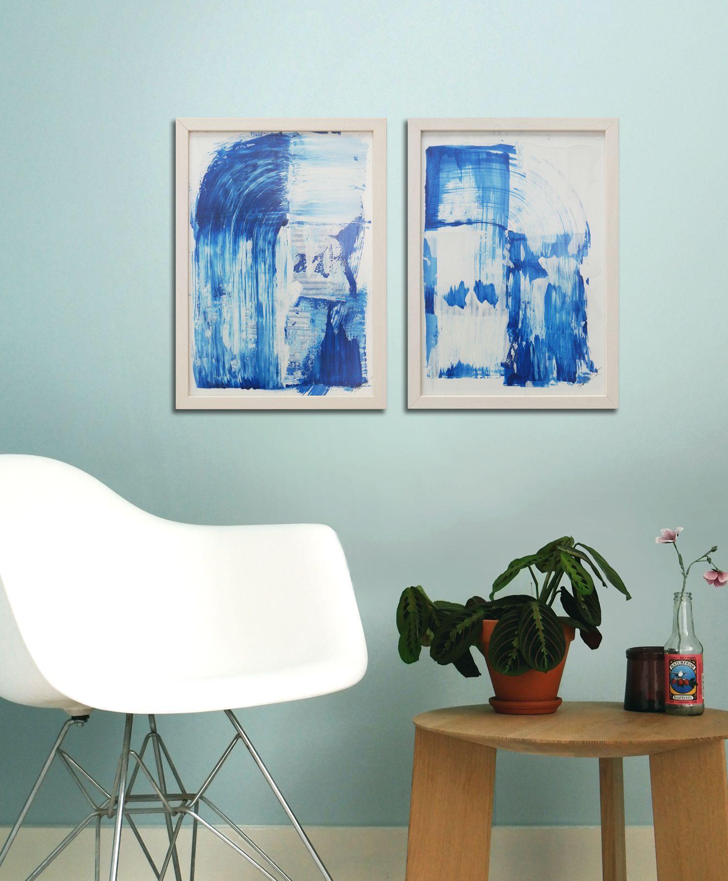 Dreamwave Blue - Diptych - Incl Frame, Painting, Acrylic on Paper - Gray Abstract Painting by Ronald Hunter