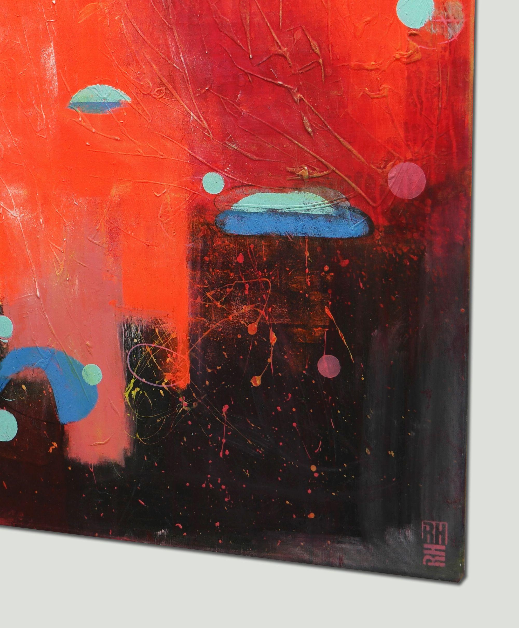 Place de la ville flottante, peinture, acrylique sur toile - Rouge Abstract Painting par Ronald Hunter