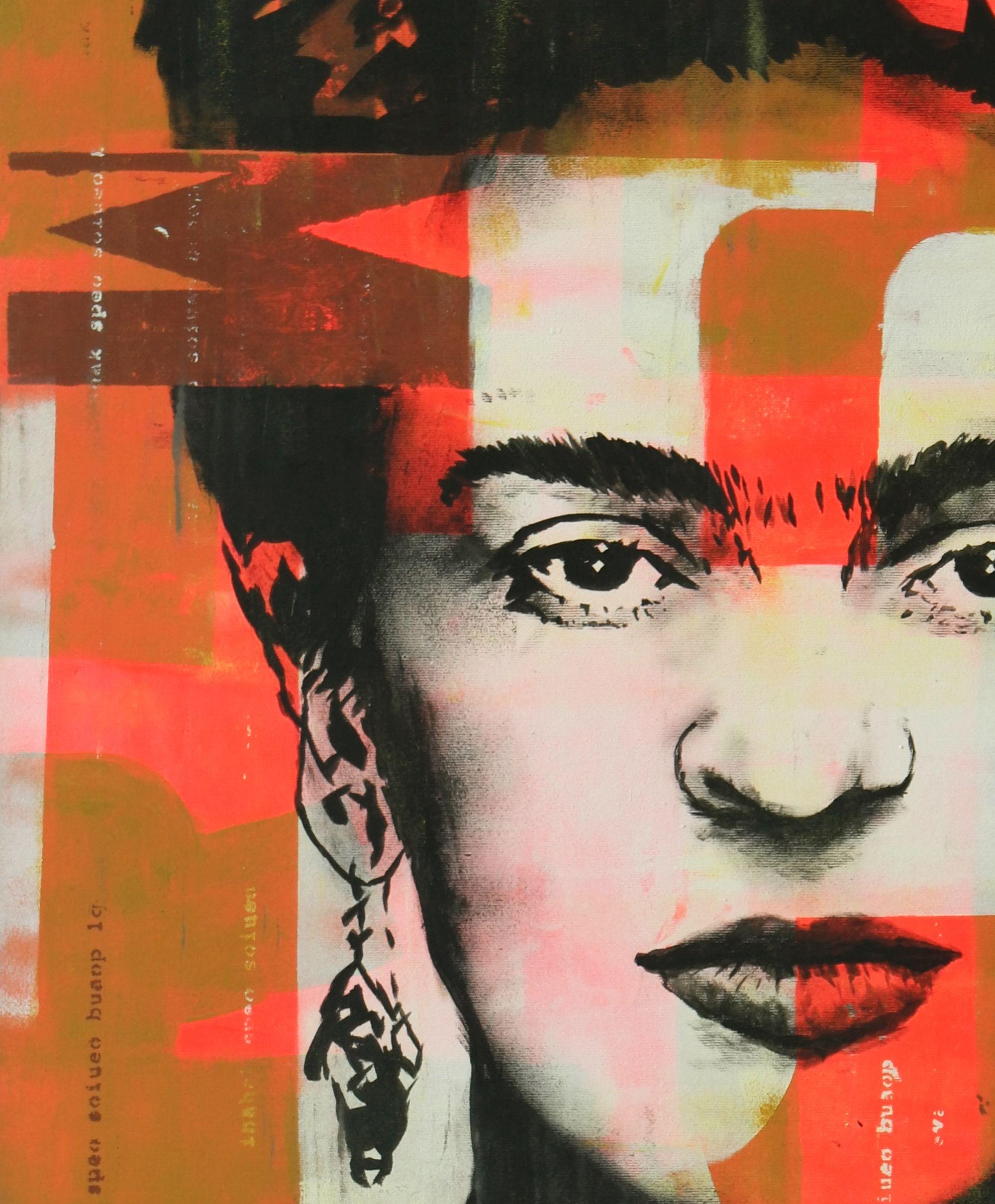The famous Frida Kahlo, as she has never been portrayed before. Ronald mixed her portrait with typographic form. Combined with the neon orange and gold brown color palette, this painting is a vibrant statement piece. :: Painting :: Pop-Art :: This
