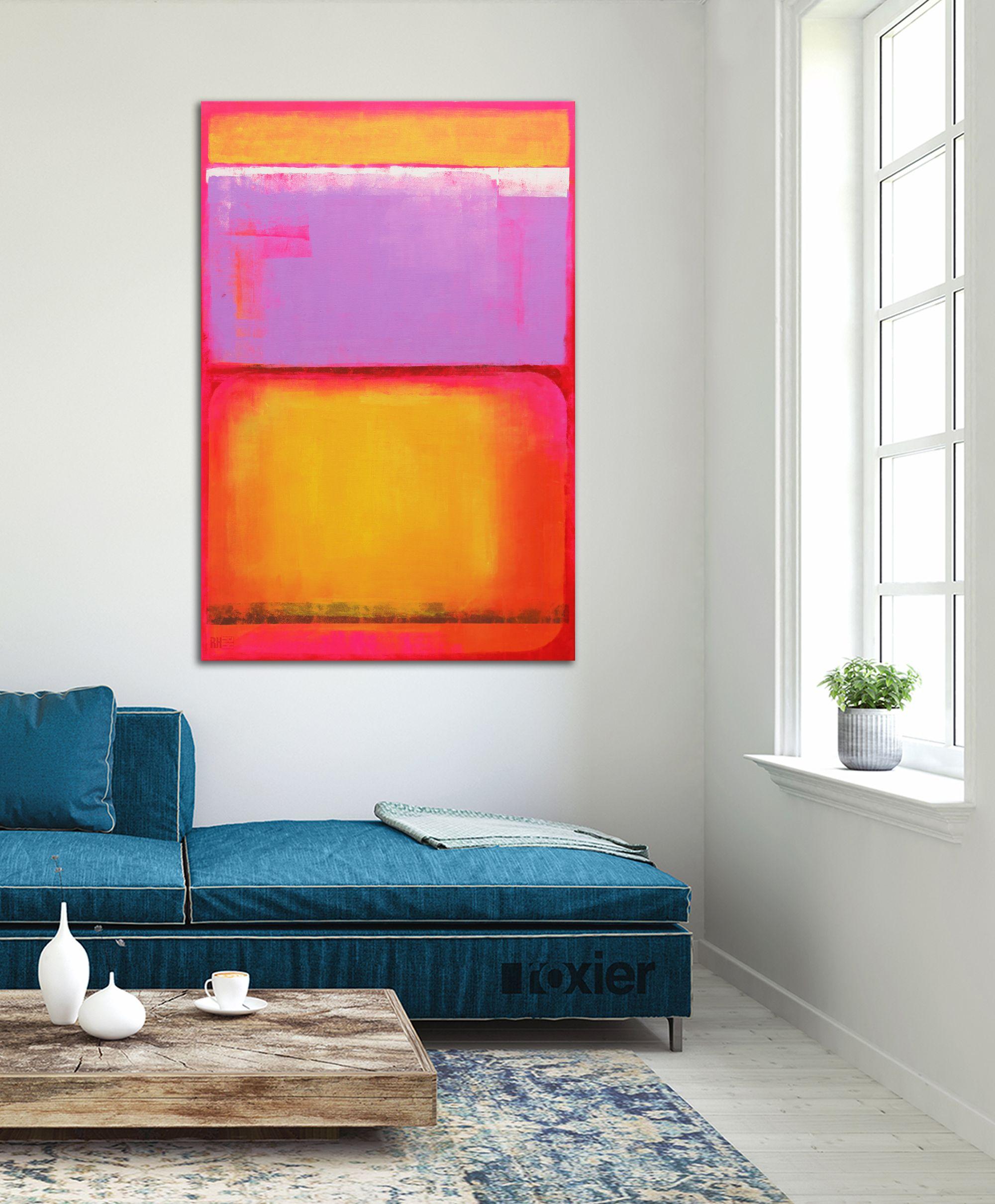 Acrylic Abstract Painting, Original artwork created by Ronald Hunter.    A balanced abstract composition with bold neon colors, made with many layers of acrylic paint.  Go big and combine the painting with the Gameboy Play for a diptych.    You will