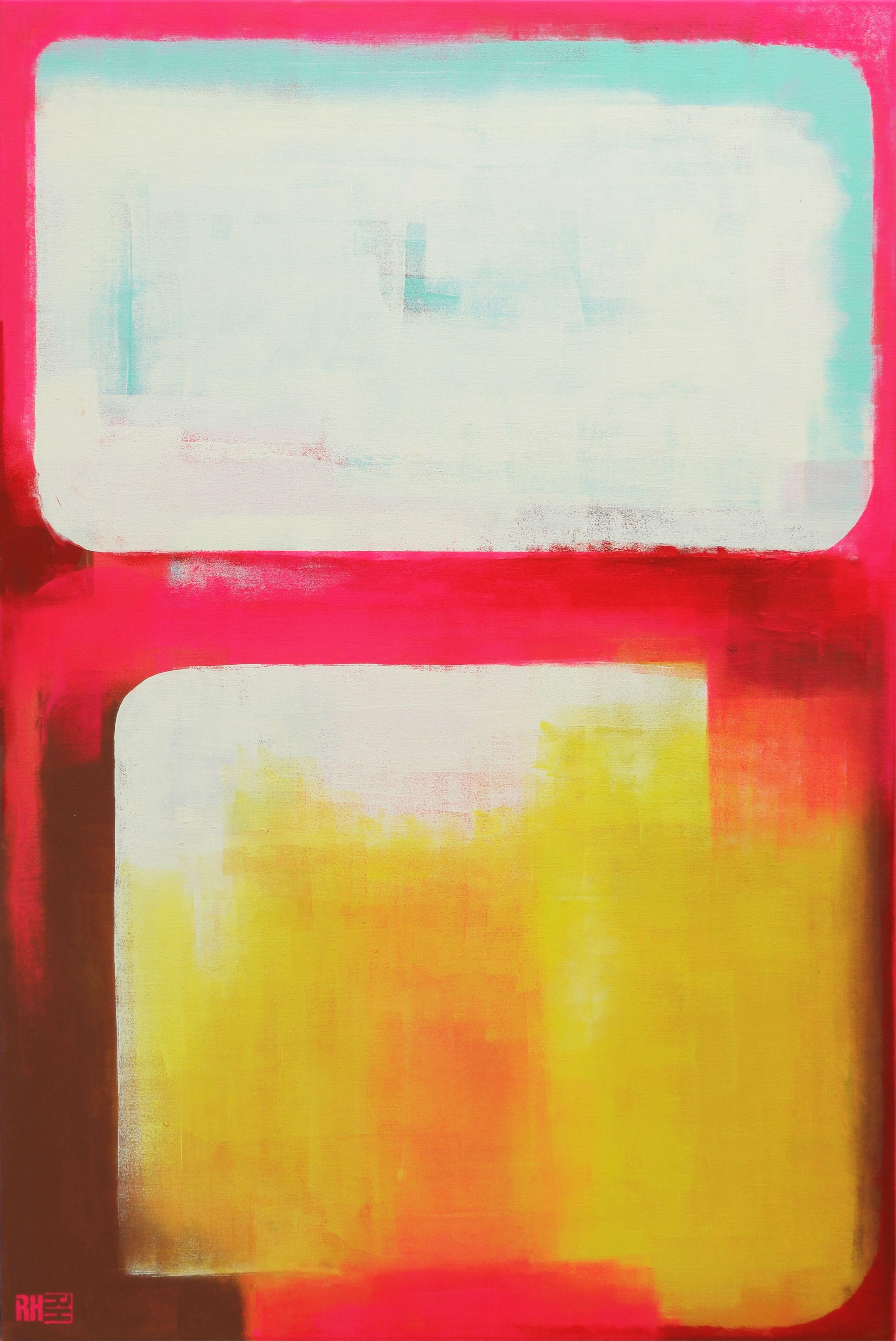 Acrylic Abstract Painting, Original artwork created by Ronald Hunter.    A balanced abstract composition with bold neon colors, made with many layers of acrylic paint.  Go big and combine the painting with the Gameboy Go for a diptych.    You will