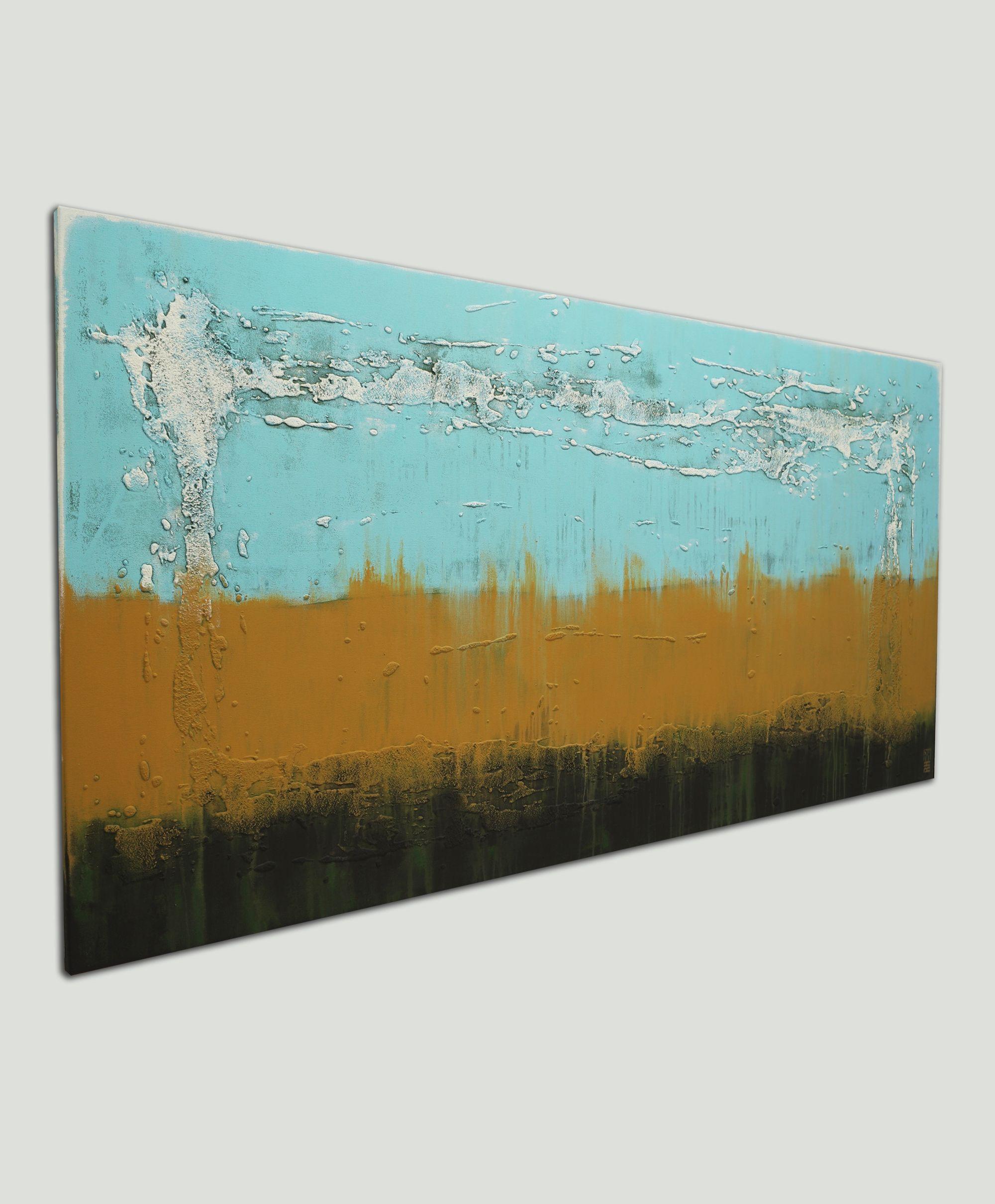 Extra Large Acrylic Abstract Painting, Original artwork created by Ronald Hunter.    An abstract composition of blue and brown shades, reminiscent of an open horizon. This abstract painting is made with many layers of acrylic paint, creating depth