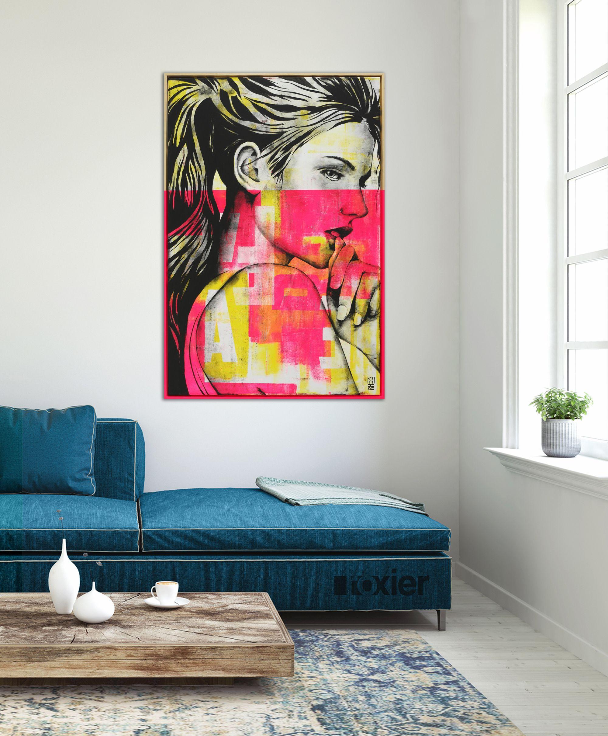 Ragazza al neon - Cornice rosa inclusa, Pittura, Acrilico su tela - Painting Pop Art di Ronald Hunter