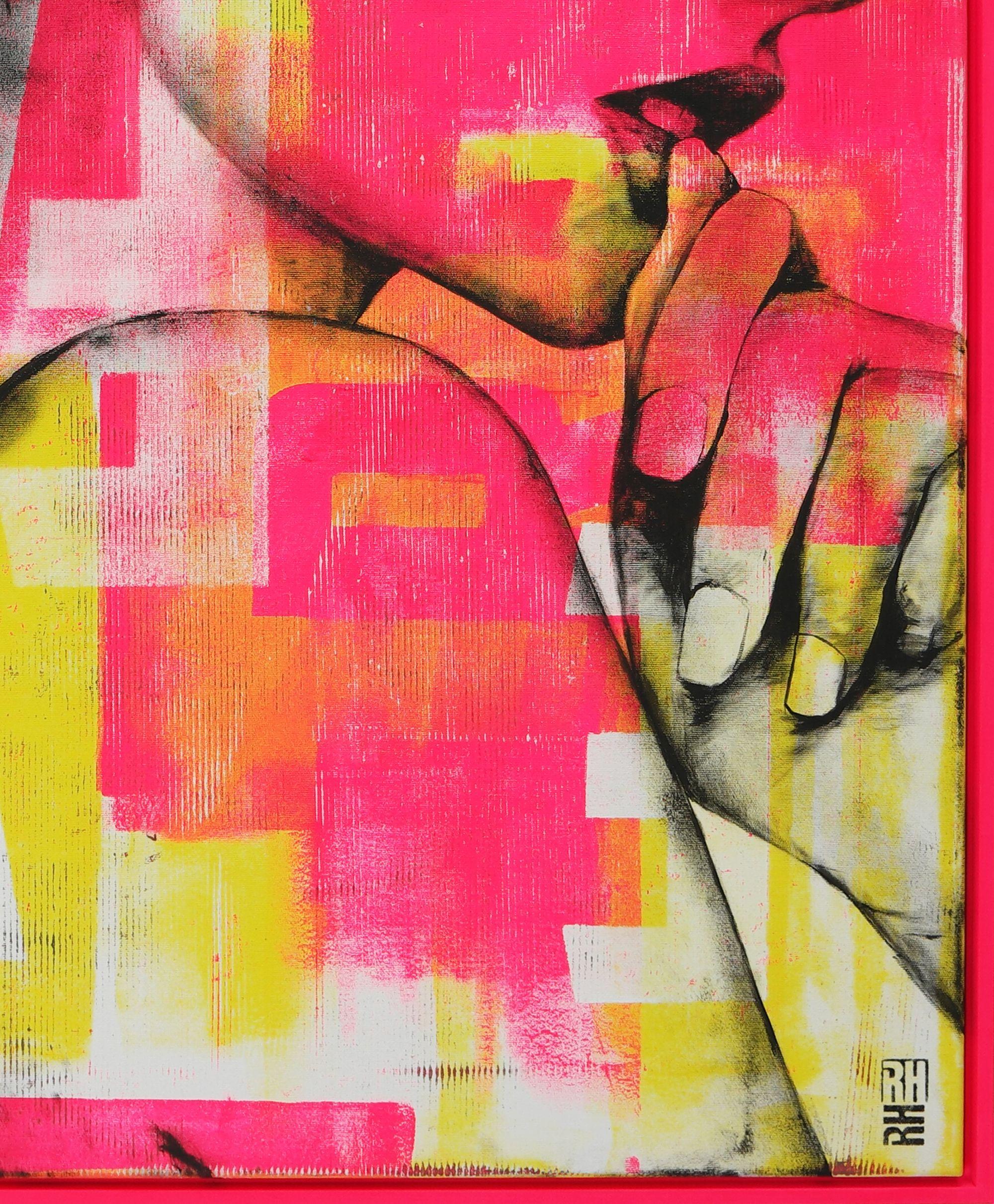 Ragazza al neon - Cornice rosa inclusa, Pittura, Acrilico su tela in vendita 1