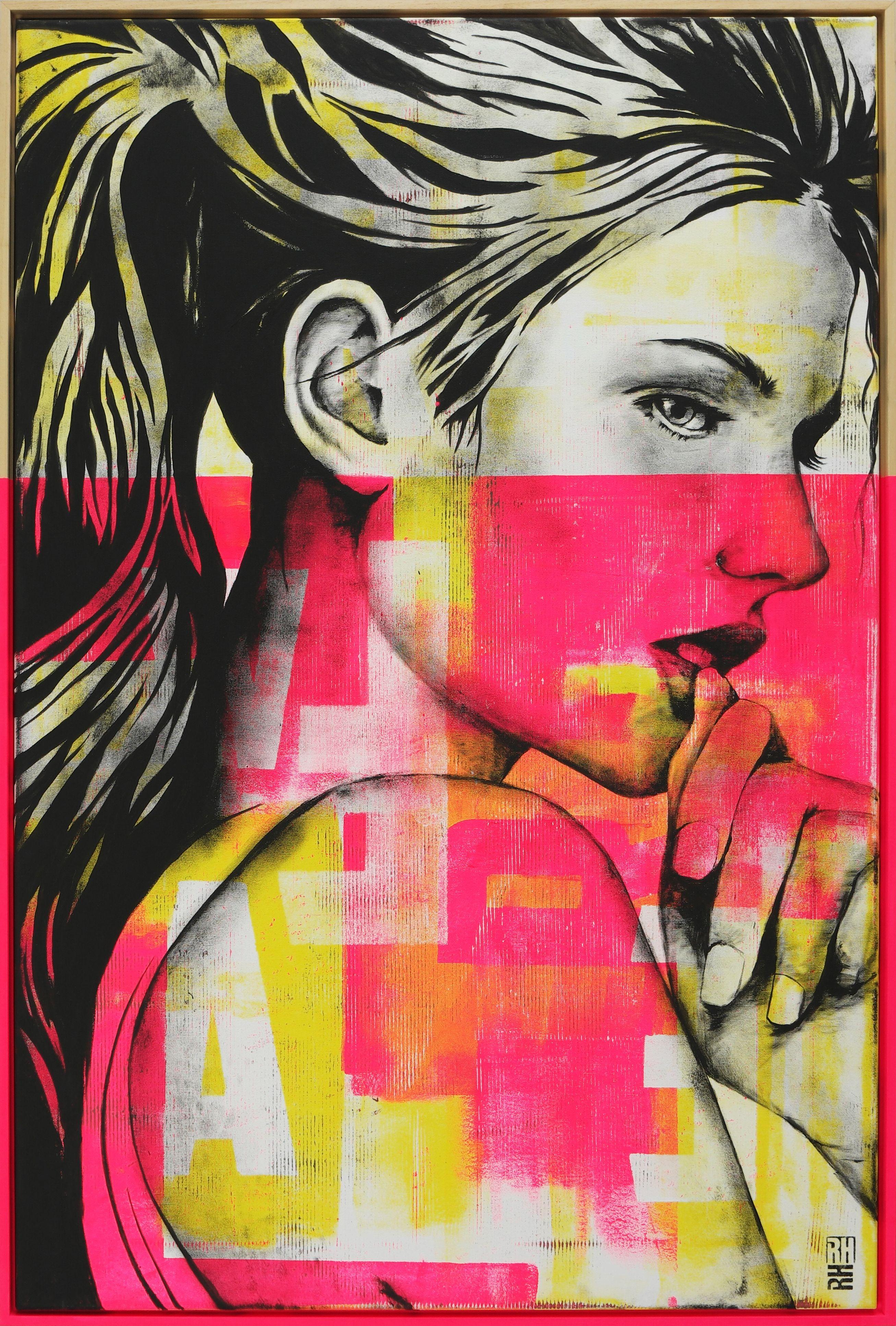 Ragazza al neon - Cornice rosa inclusa, Pittura, Acrilico su tela - Painting di Ronald Hunter