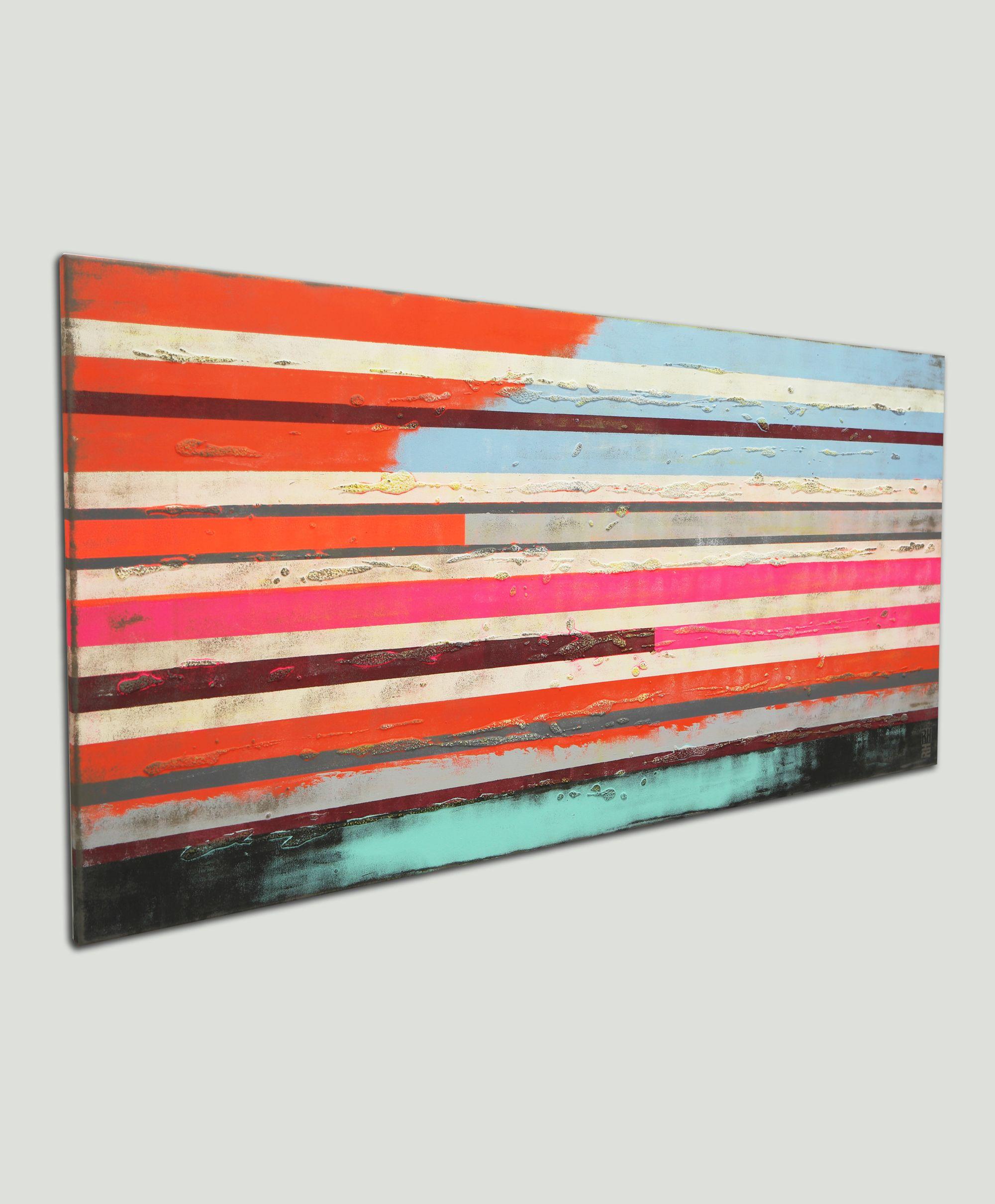Pintura Acrílica Abstracta, Obra de arte original creada por Ronald Hunter.    El naranja y el rosa neón brillantes combinan bien con el azul claro en esta obra de arte abstracta. Estos llamativos colores pueden ser una hermosa declaración de