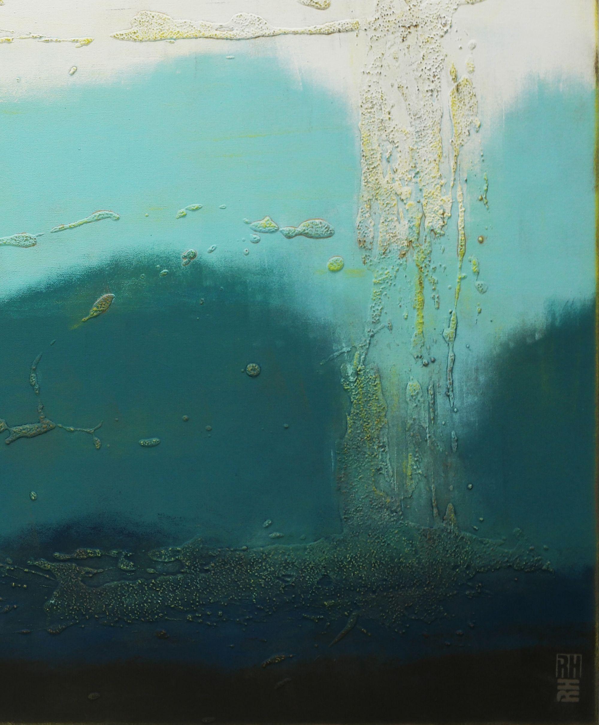 Pittura astratta in acrilico, opera d'arte originale creata da Ronald Hunter.    Il bianco passa gradualmente a tonalità di blu profondo, evocando un senso di profondità, di immersione. Strati di pittura acrilica e texture danno al dipinto un tocco