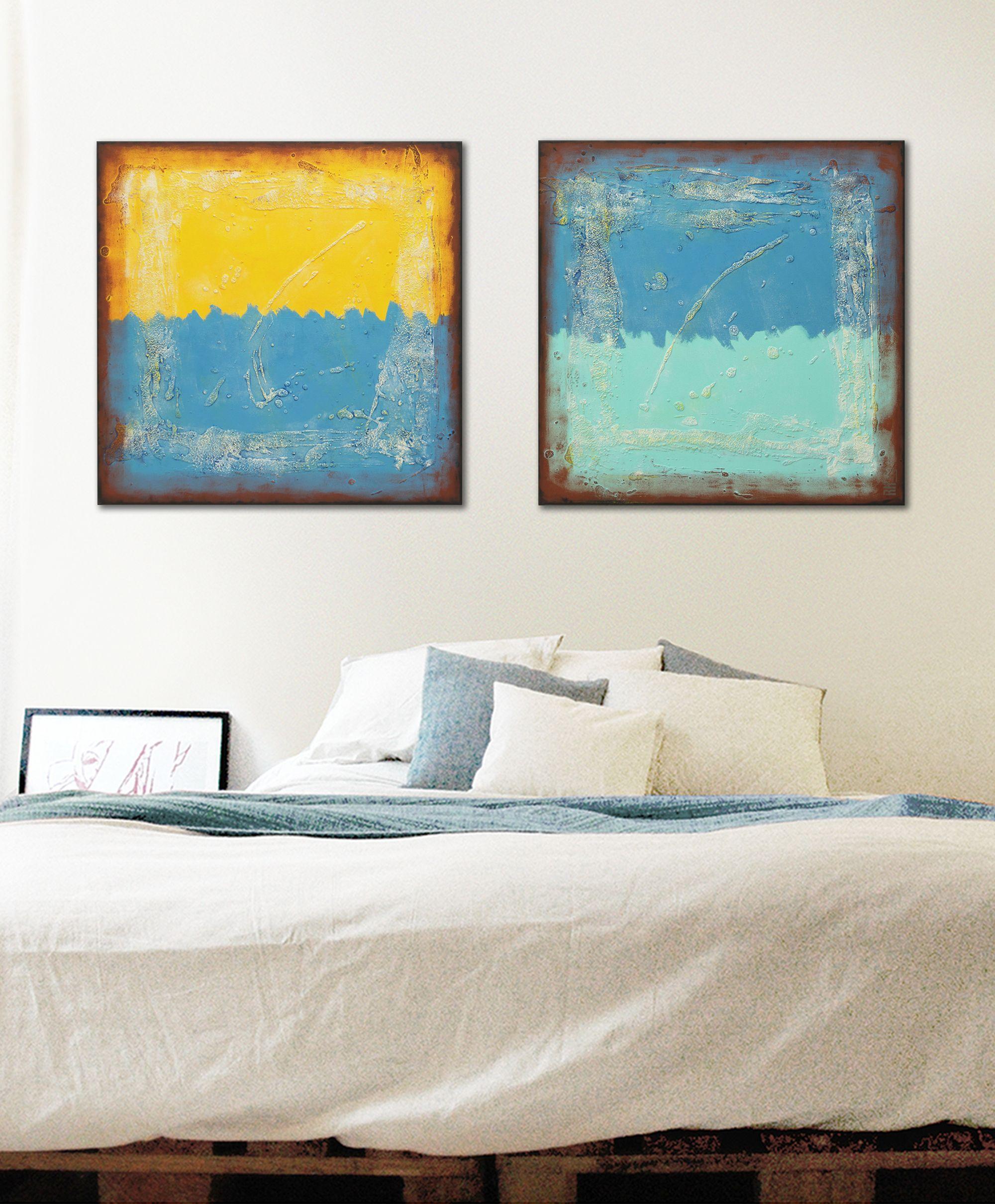 Acrylic Abstract Painting, Original artwork created by Ronald Hunter.    Two in one; this pair of paintings complement each other, or can be used as two separate pieces, to accommodate your personal style or decor. The contrasting colors blue and