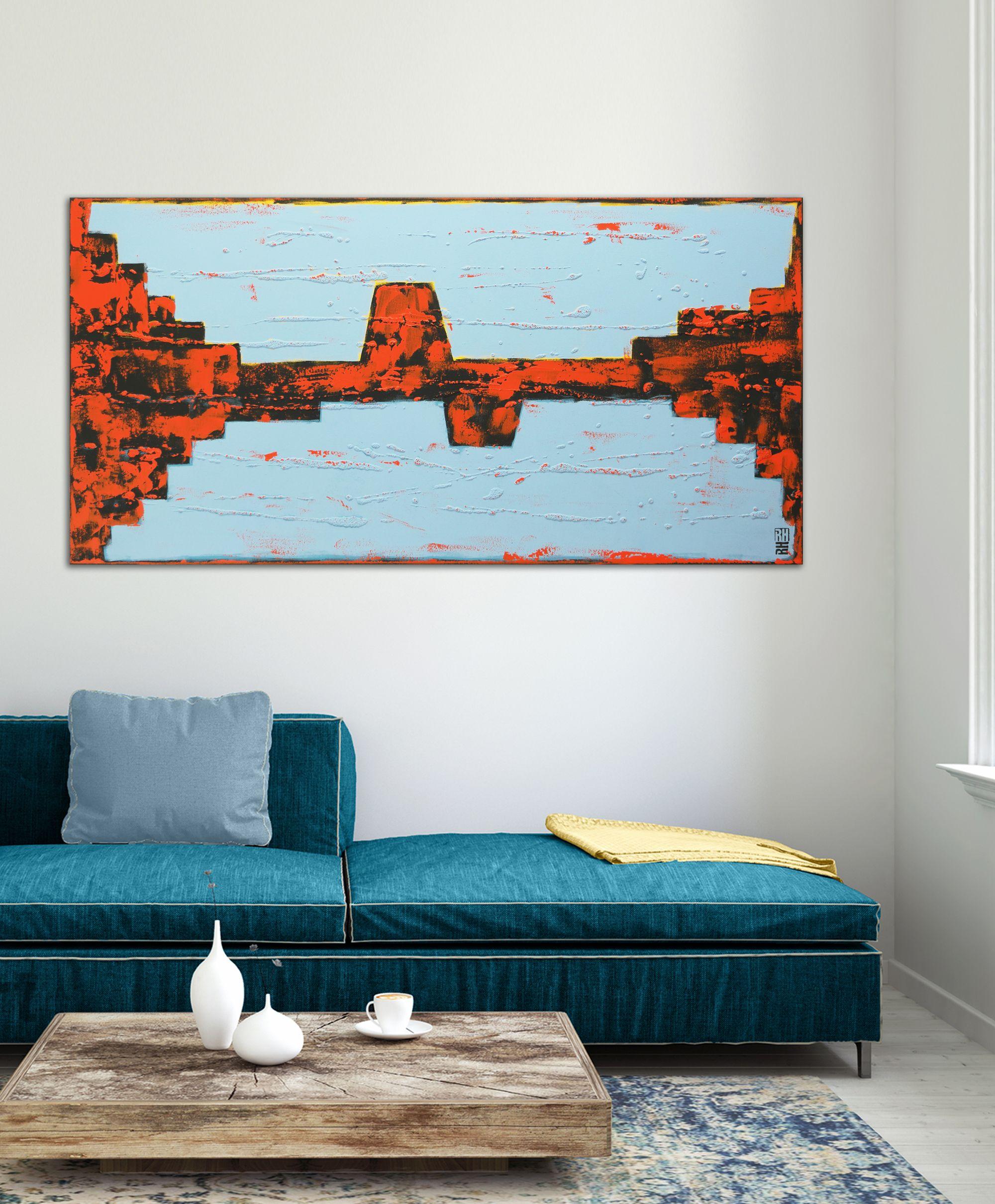 Acrylic Abstract Painting, Original artwork created by Ronald Hunter.    Light blue and orange make an interesting combination in Orange Breakers Blue. This beautiful vibrant color composition will light up your home. You will receive the artwork