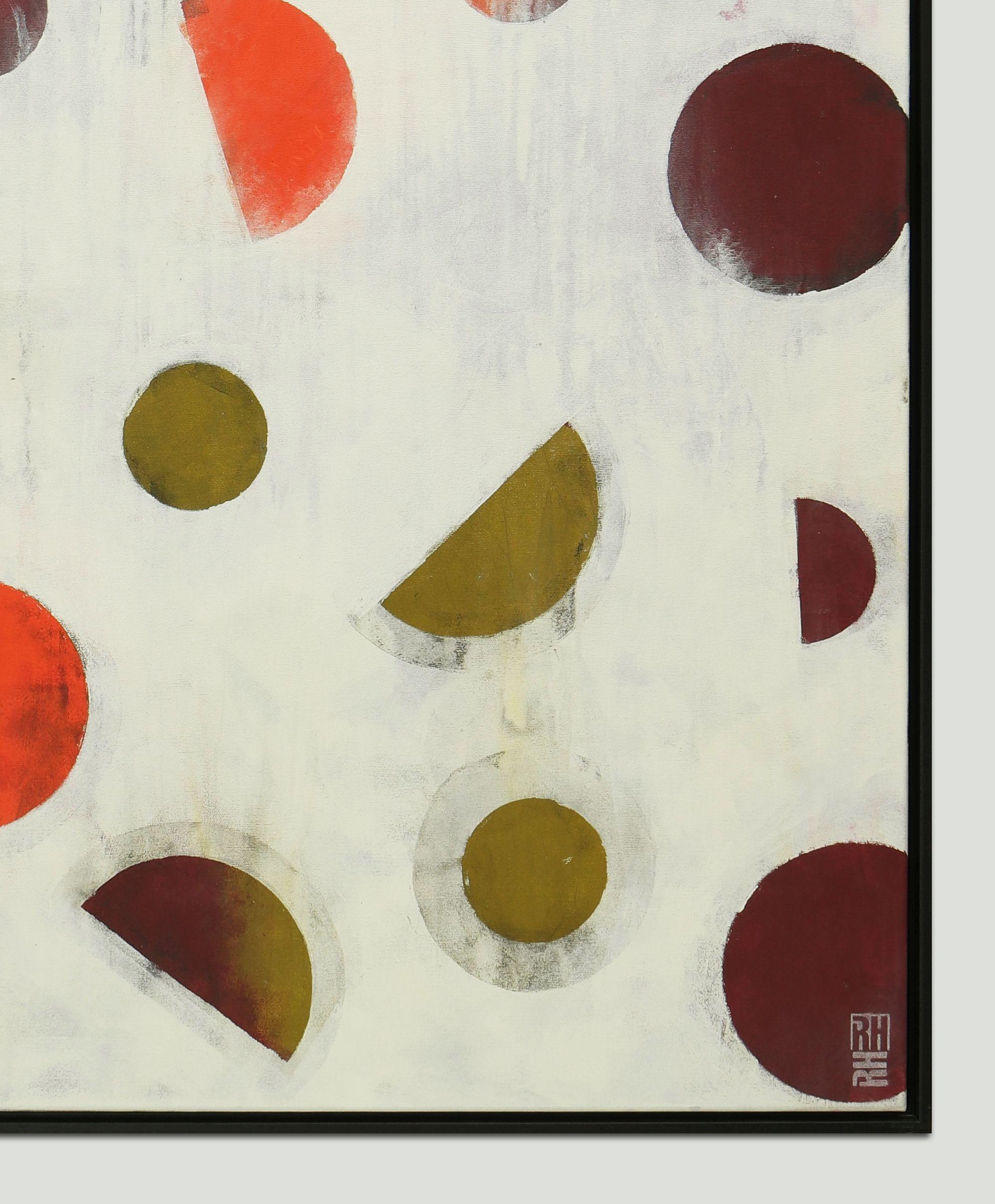 Pittura astratta in acrilico, opera d'arte originale creata da Ronald Hunter.    Una composizione astratta equilibrata di forme rotonde, realizzata con molti strati di pittura acrilica. Ronald raggiunge un senso di profondità in questo dipinto e un