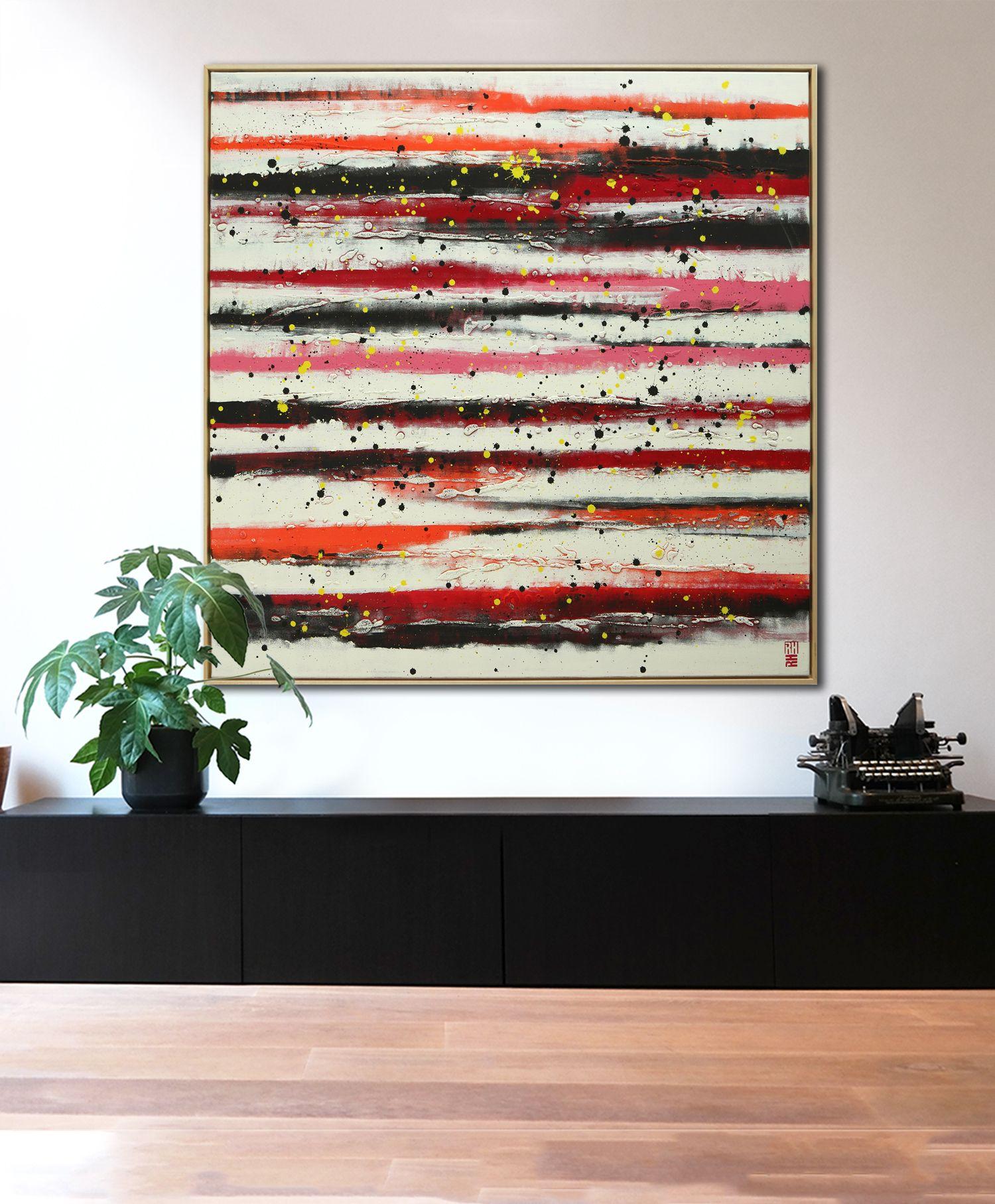 Red Line Picture XL - Incl Frame, Painting, Acrylic on Canvas - Beige Abstract Painting by Ronald Hunter