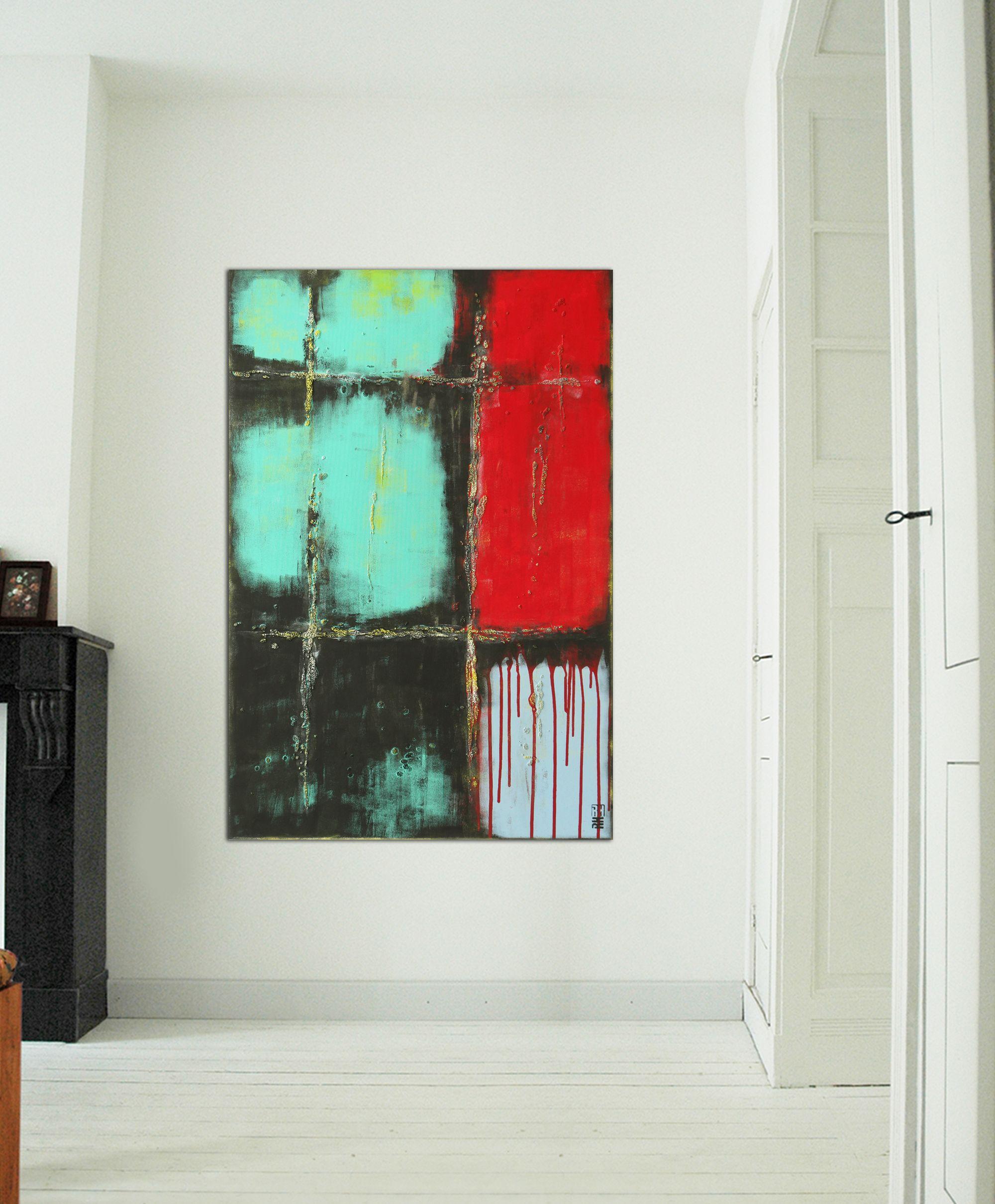 RED over Turquoise, Painting, Acrylic on Canvas - Black Abstract Painting by Ronald Hunter