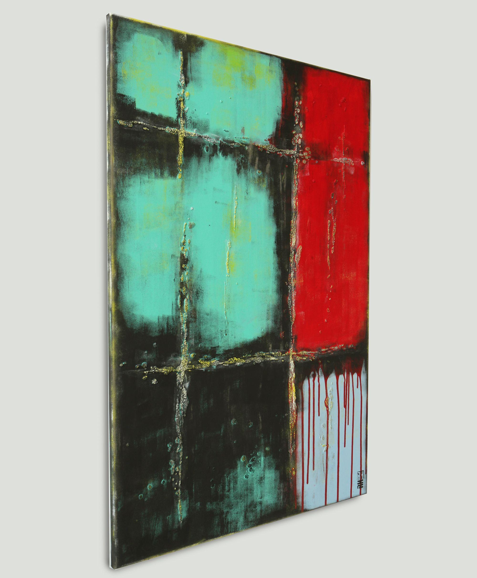 Contrasting colors red and blue predominate in the abstract painting 'RED over Turquoise'. These striking colors can make a beautiful statement in your home. This piece can be hung differently (horizontal or vertical) to accommodate your personal