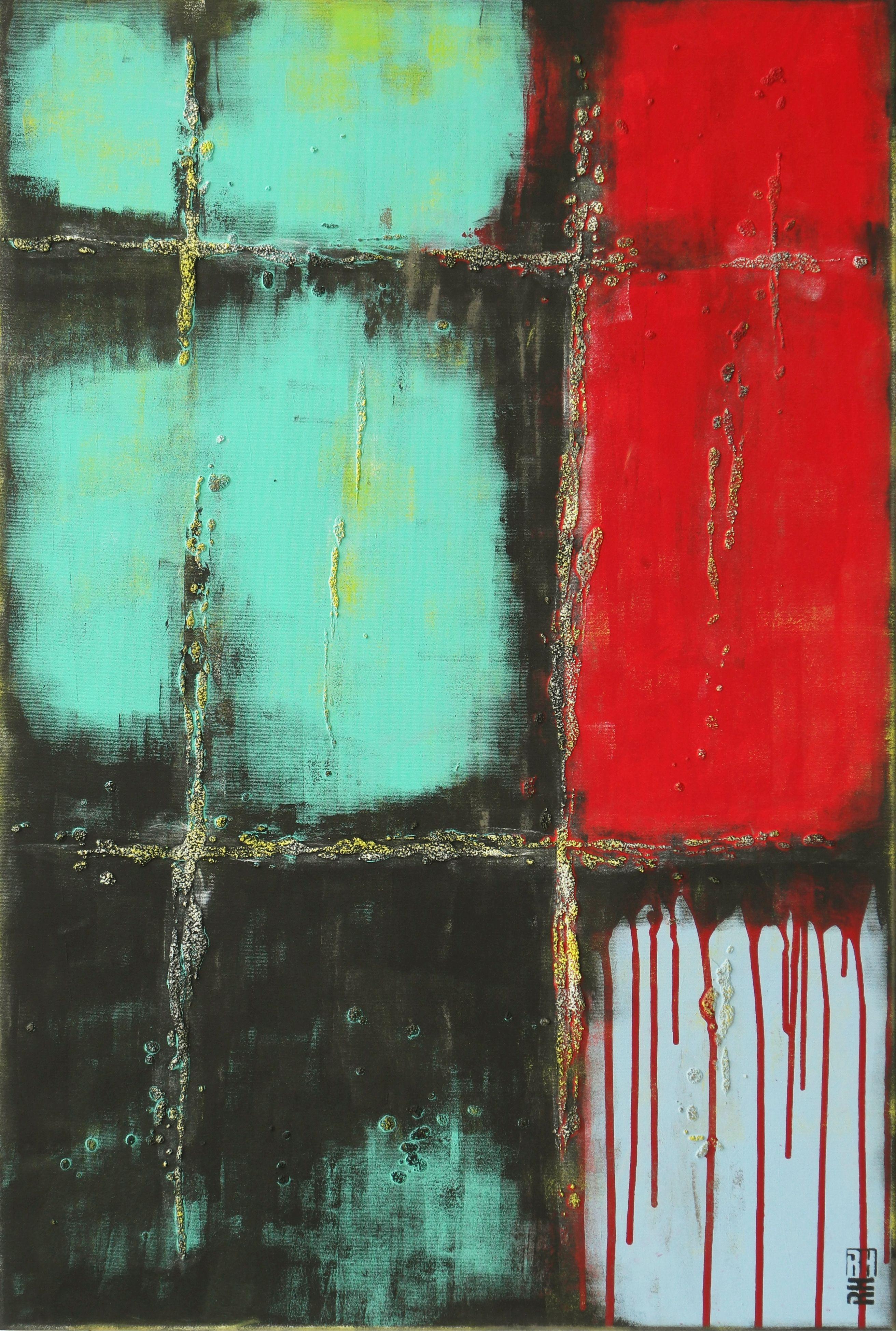 Ronald Hunter Abstract Painting - RED over Turquoise, Painting, Acrylic on Canvas