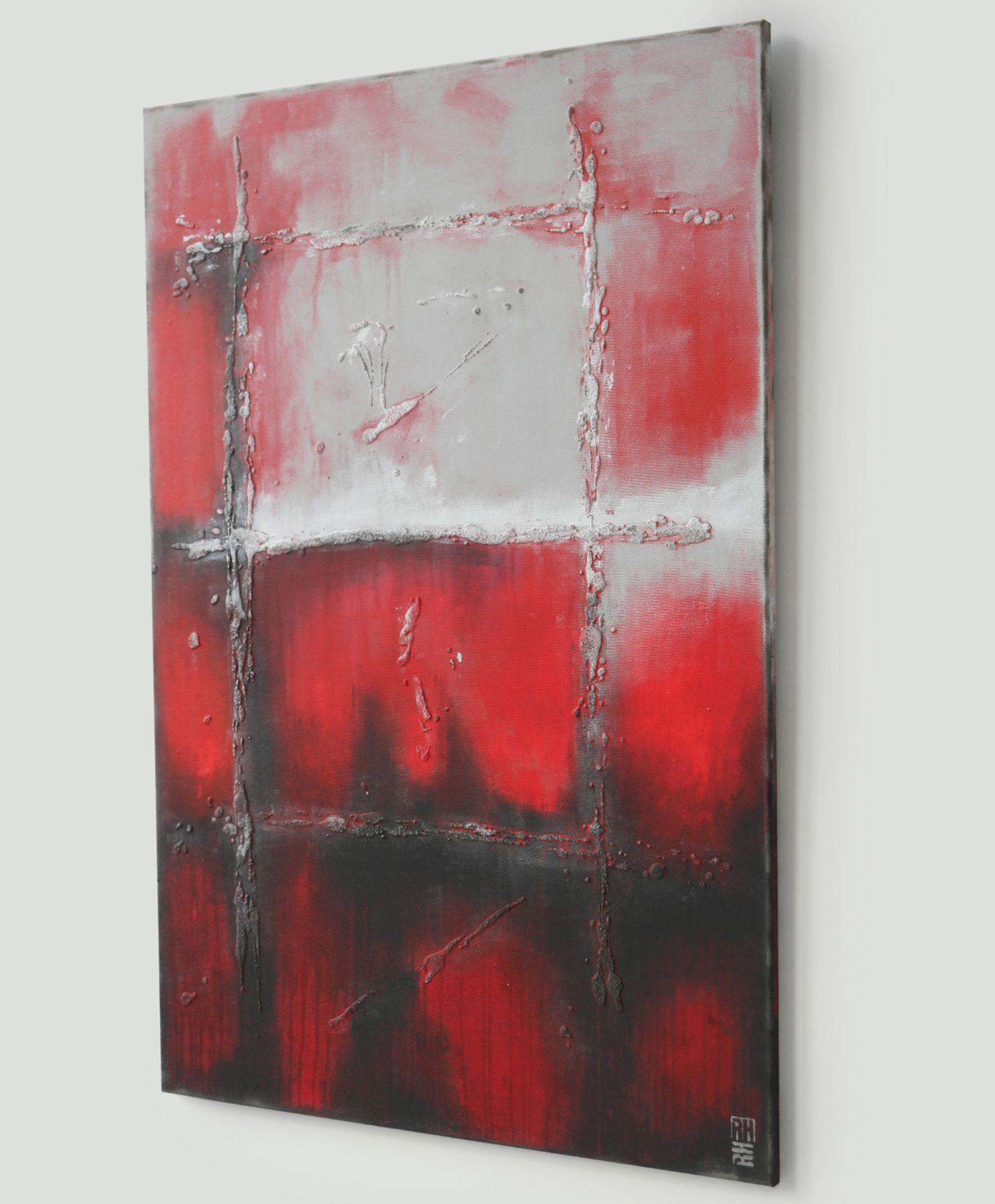 A balanced geometric composition with bright red tones, bordered by darker lines or acrylic paint and texture. Also with a touch of white that gives this painting an interesting twist. :: Painting :: Abstract :: This piece comes with an official