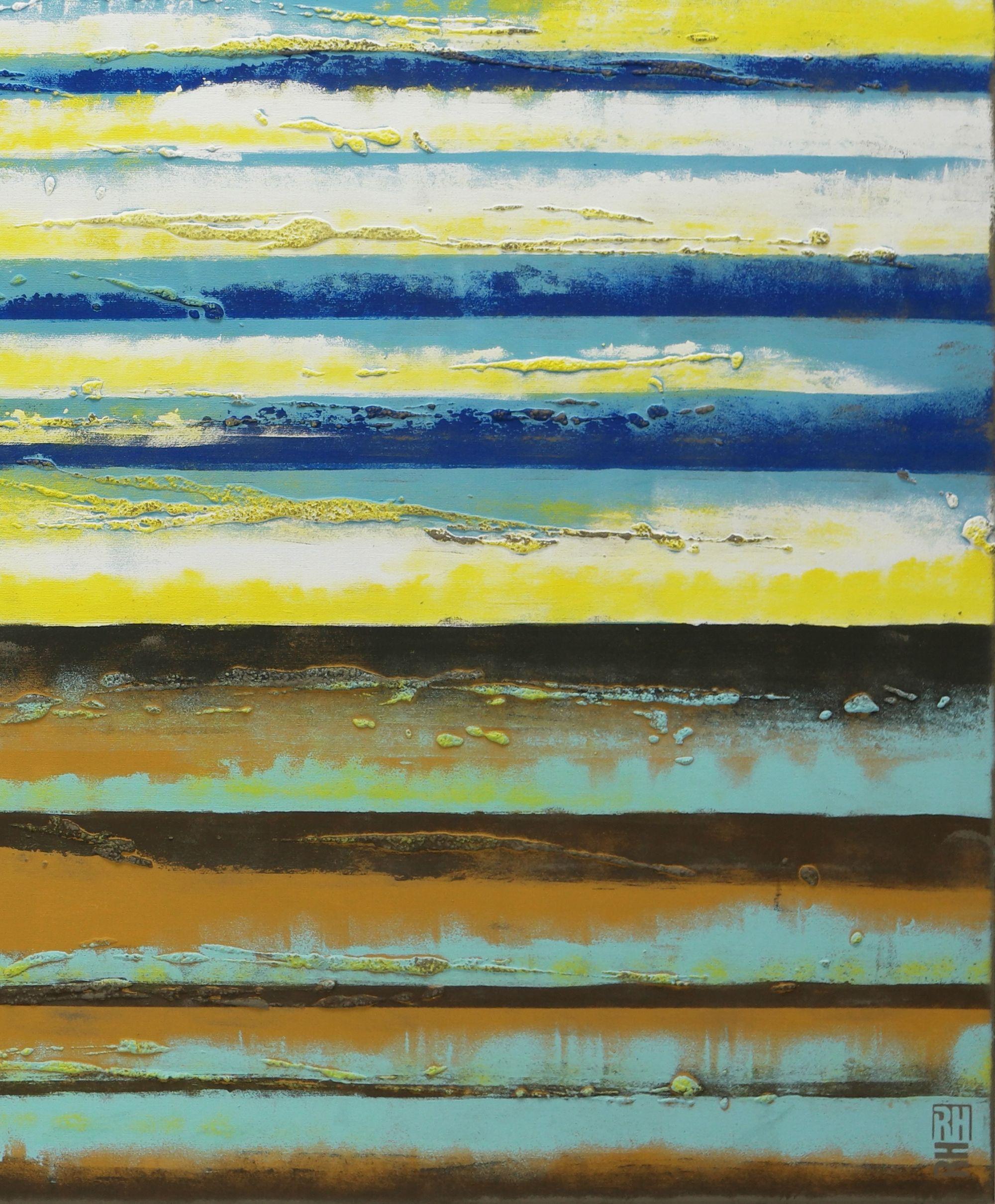 Extra Large Acrylic Abstract Painting, Original artwork created by Ronald Hunter.    An abstract composition of blue shades, brown and green, reminiscent of a shoreline. This abstract painting is made with many layers of acrylic paint, creating