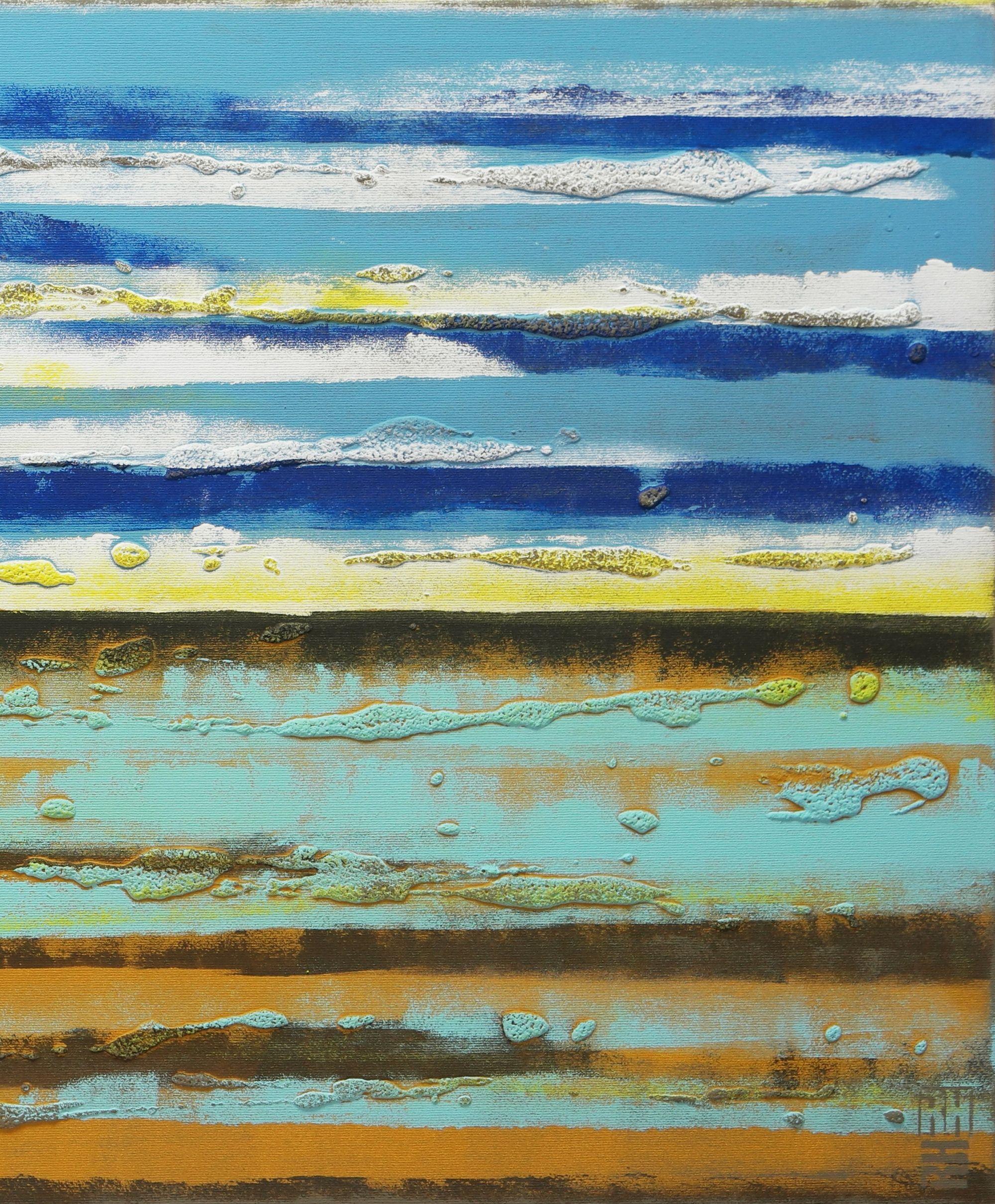 An abstract composition of blue shades, brown and green, reminiscent of a shoreline. This abstract painting is made with many layers of acrylic paint, creating depth and texture. :: Painting :: Abstract :: This piece comes with an official