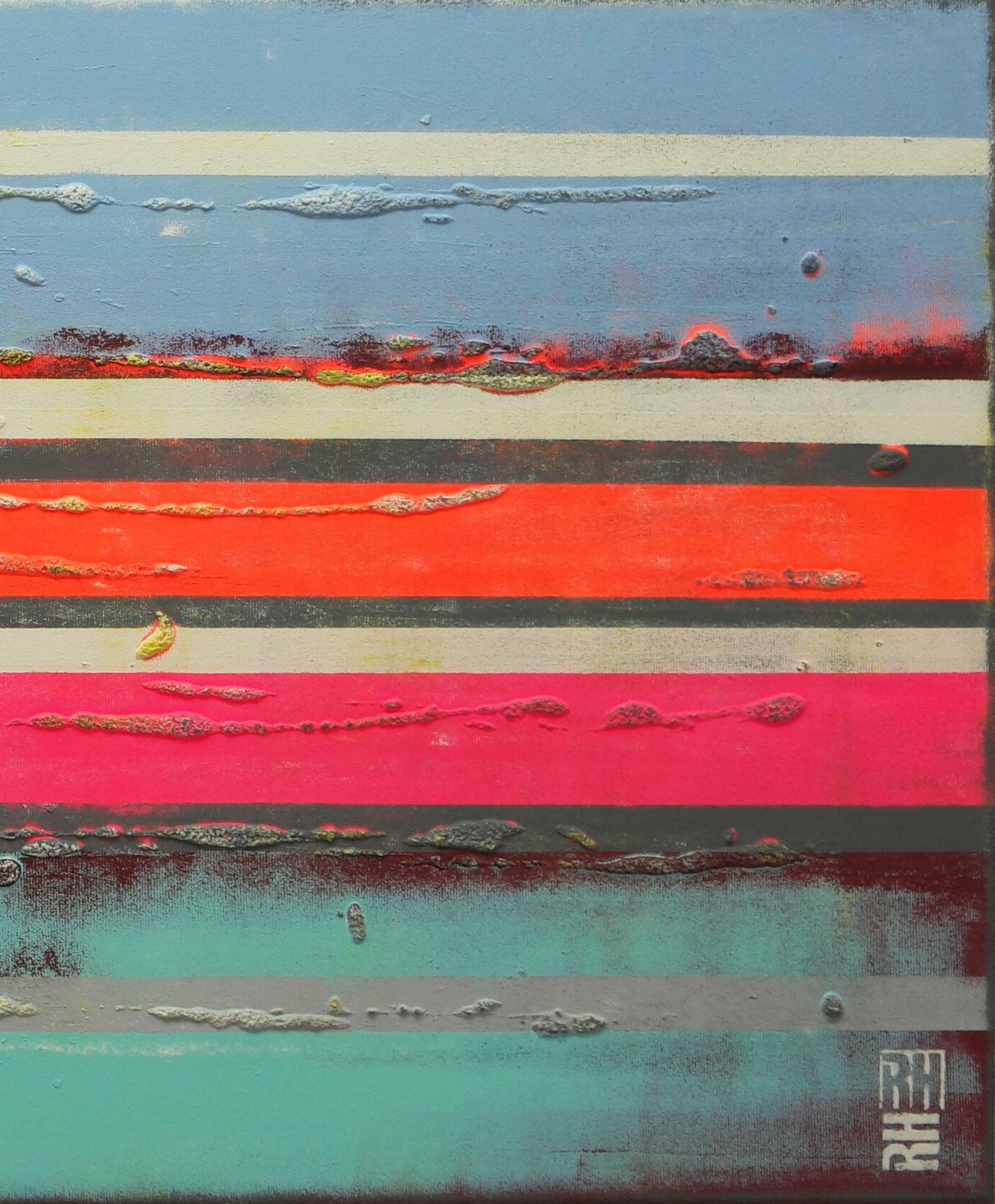 Acrylic Abstract Painting, Original artwork created by Ronald Hunter.    Bright neon orange and pink combines well with light blue in this abstract artwork. These striking colors can make a beautiful statement in your home. Light texture gives this