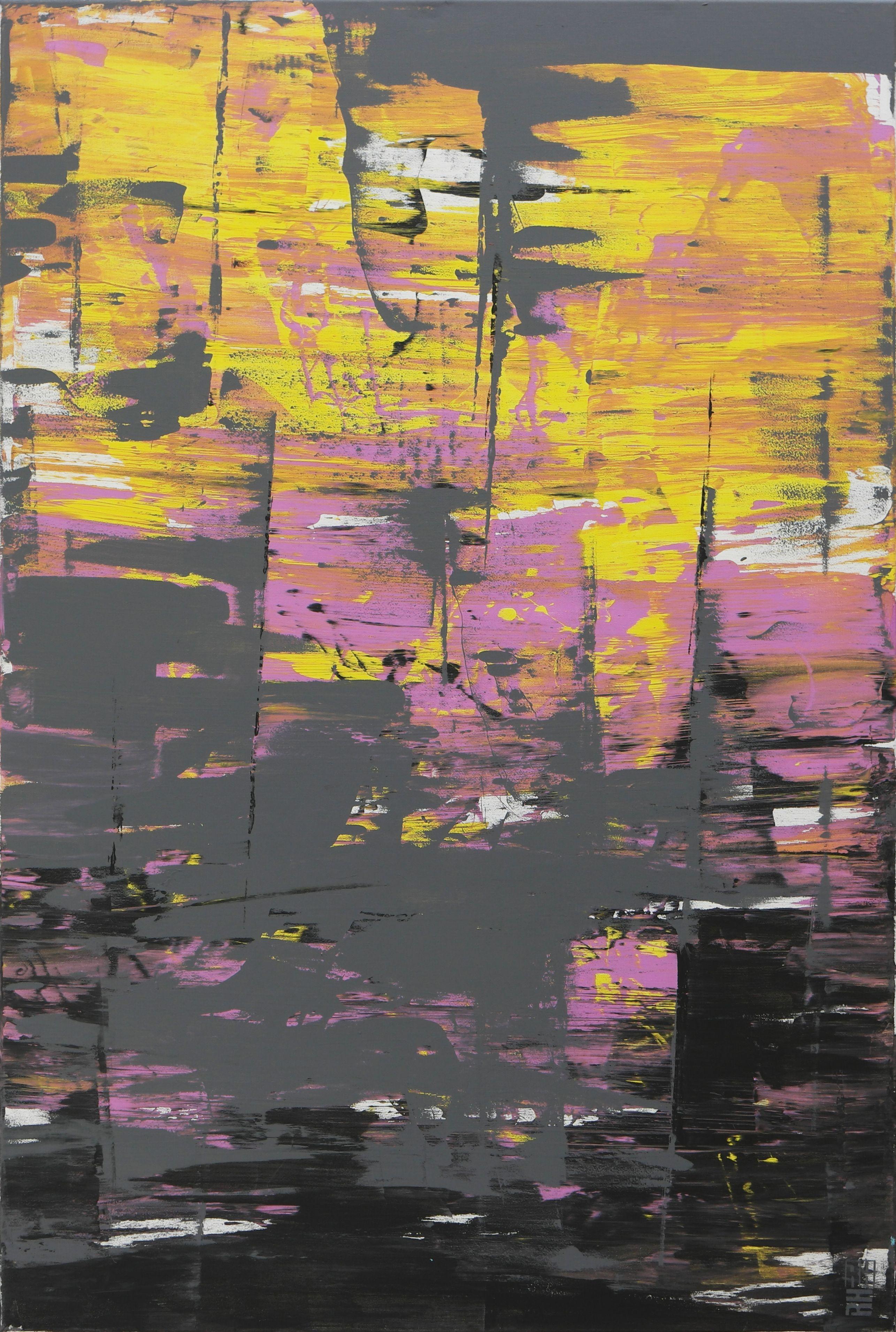 Ronald Hunter Abstract Painting - Static Grey & Purple, Painting, Acrylic on Canvas