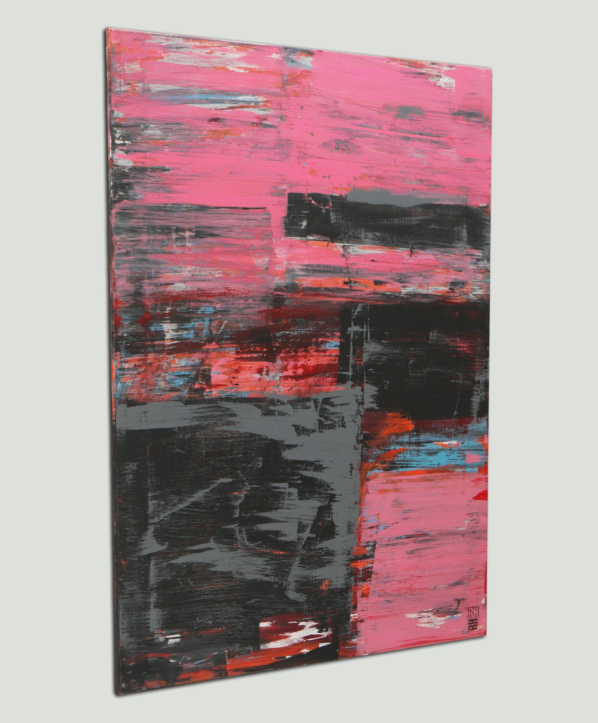 Static Pink & Grey, Painting, Acrylic on Canvas - Black Abstract Painting by Ronald Hunter