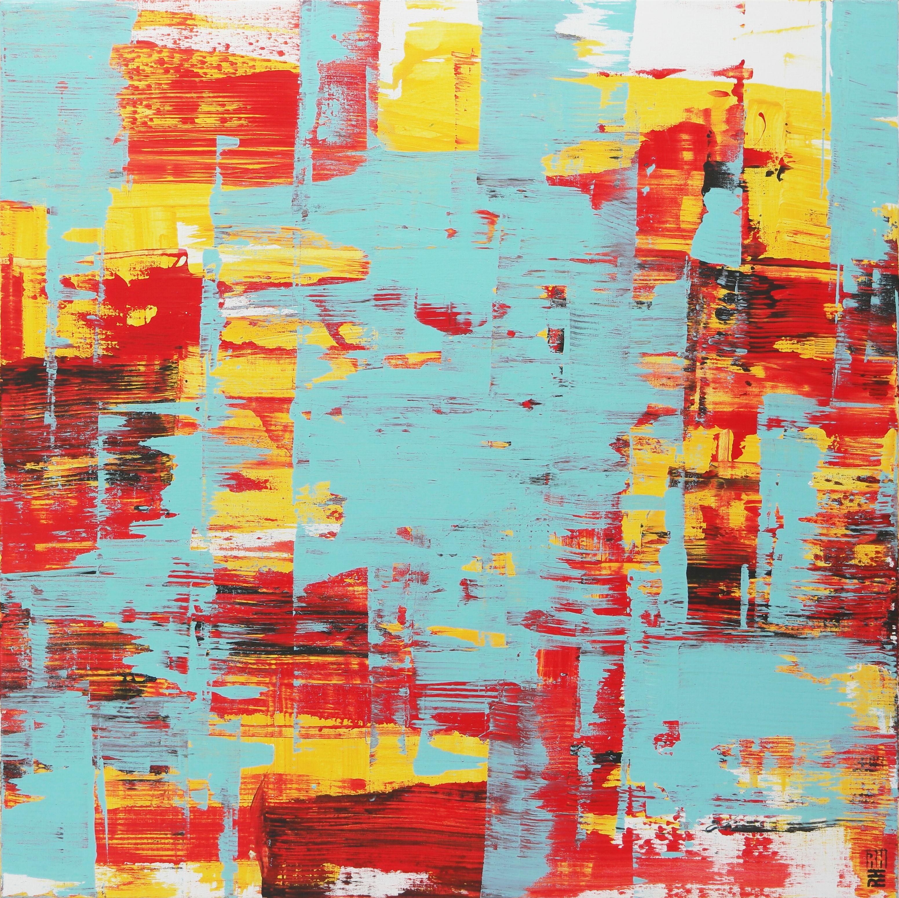 Abstract Painting di Ronald Hunter - Rosso statico e turchese XL, Pittura, Acrilico su tela