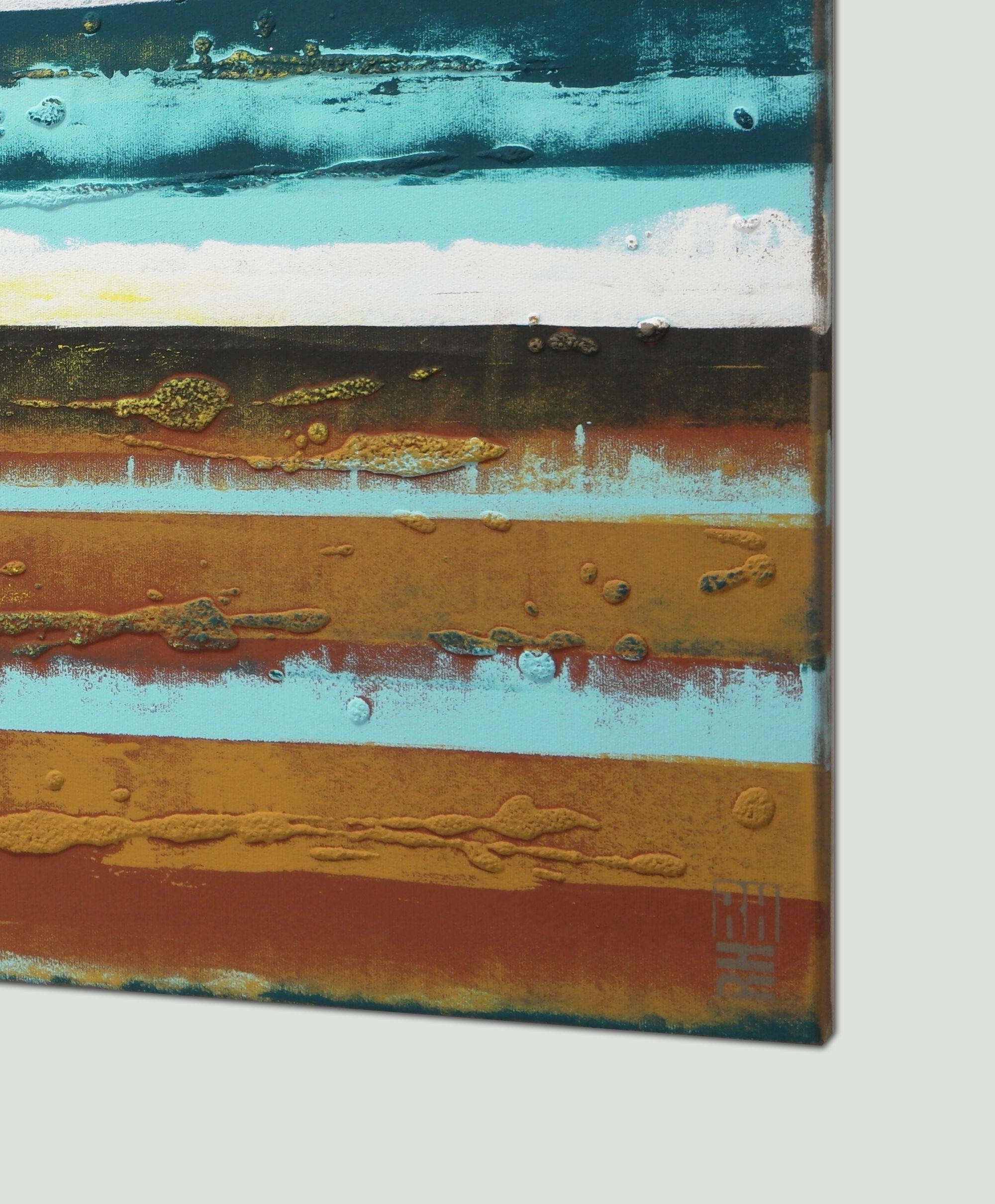 Une composition abstraite de tons bleus et bruns, rappelant un rivage. Grâce à de multiples couches de peinture et de texture, il cherche à créer un sentiment de profondeur - c'est pourquoi il y a toujours quelque chose de nouveau à découvrir dans