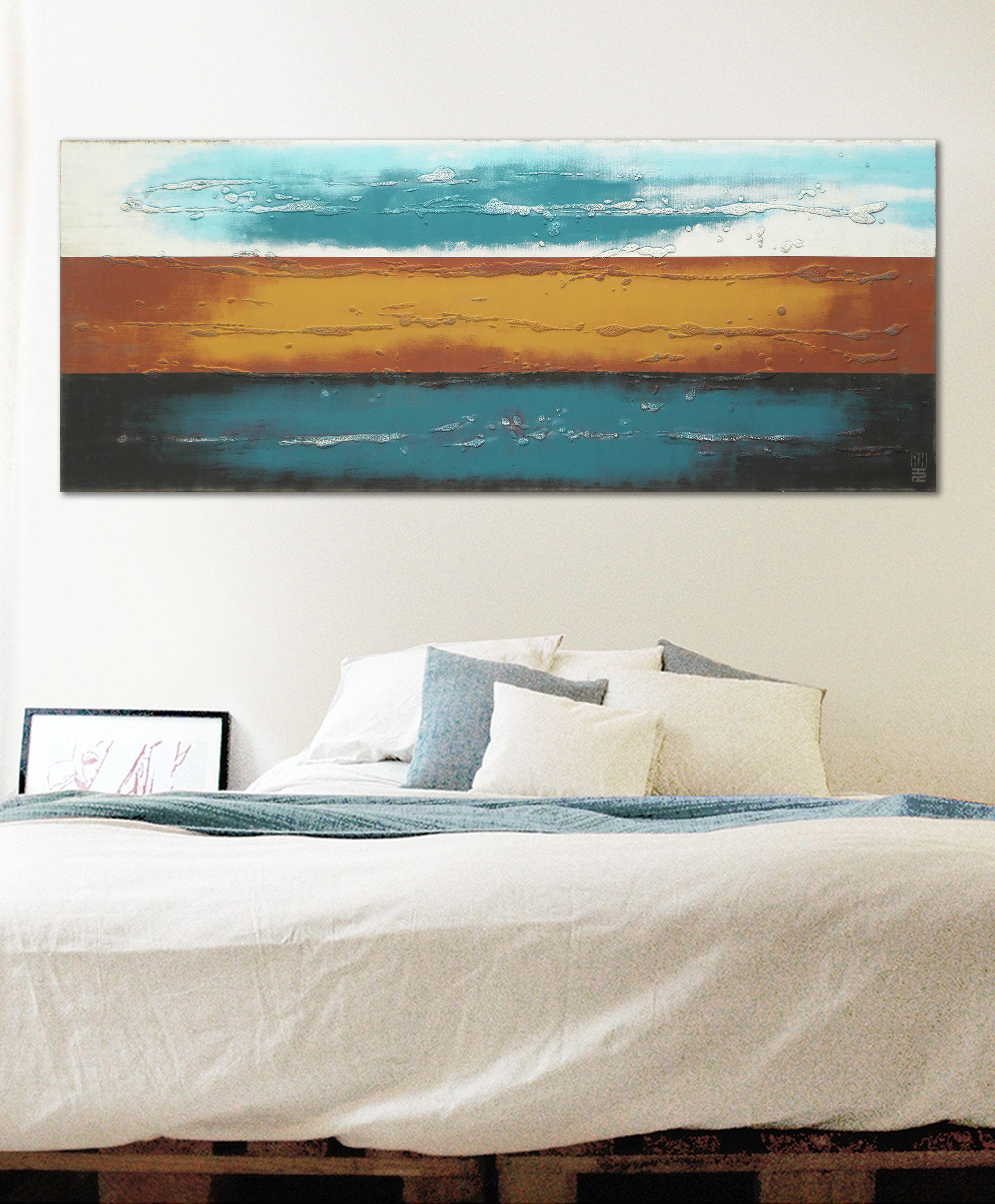 Acrylic Abstract Painting, Original artwork created by Ronald Hunter.    An abstract composition of blue shades, brown and blue, reminiscent of an open horizon. This abstract painting is made with many layers of acrylic paint, creating depth and