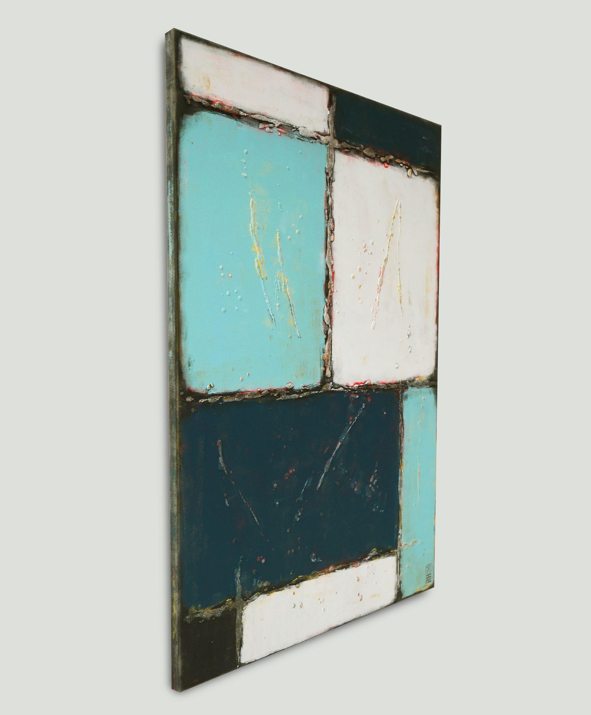 A balanced geometric composition with soft blue tones, bordered by darker lines or acrylic paint and texture. Also with a touch of light green that gives this painting an interesting twist. :: Painting :: Abstract :: This piece comes with an