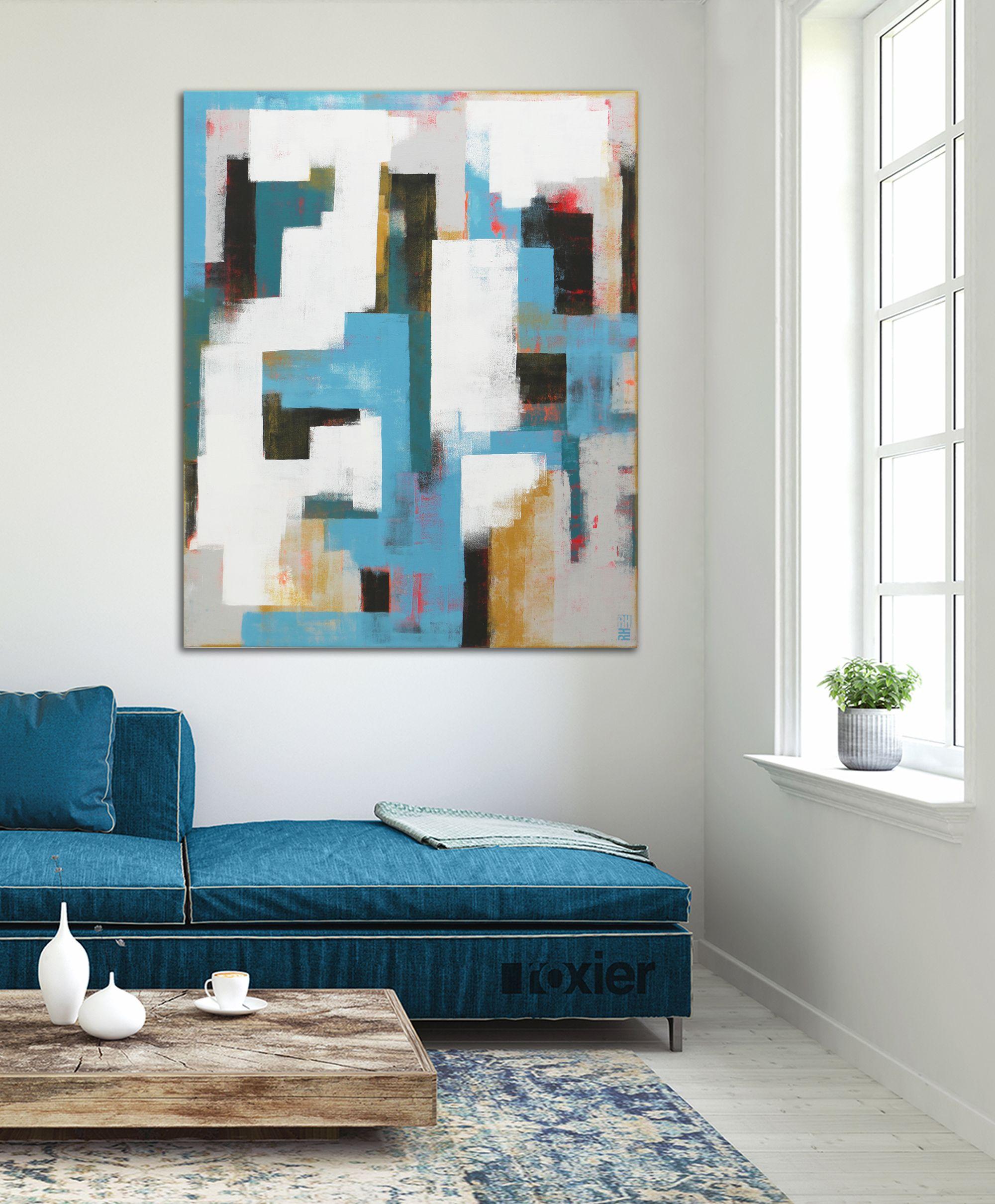 Acrylic Abstract Painting, Original artwork created by Ronald Hunter.    A balanced abstract composition with blue an grey tones, made with many layers of acrylic paint.    You will receive the artwork ready to hang on a wooden frame with a hook on