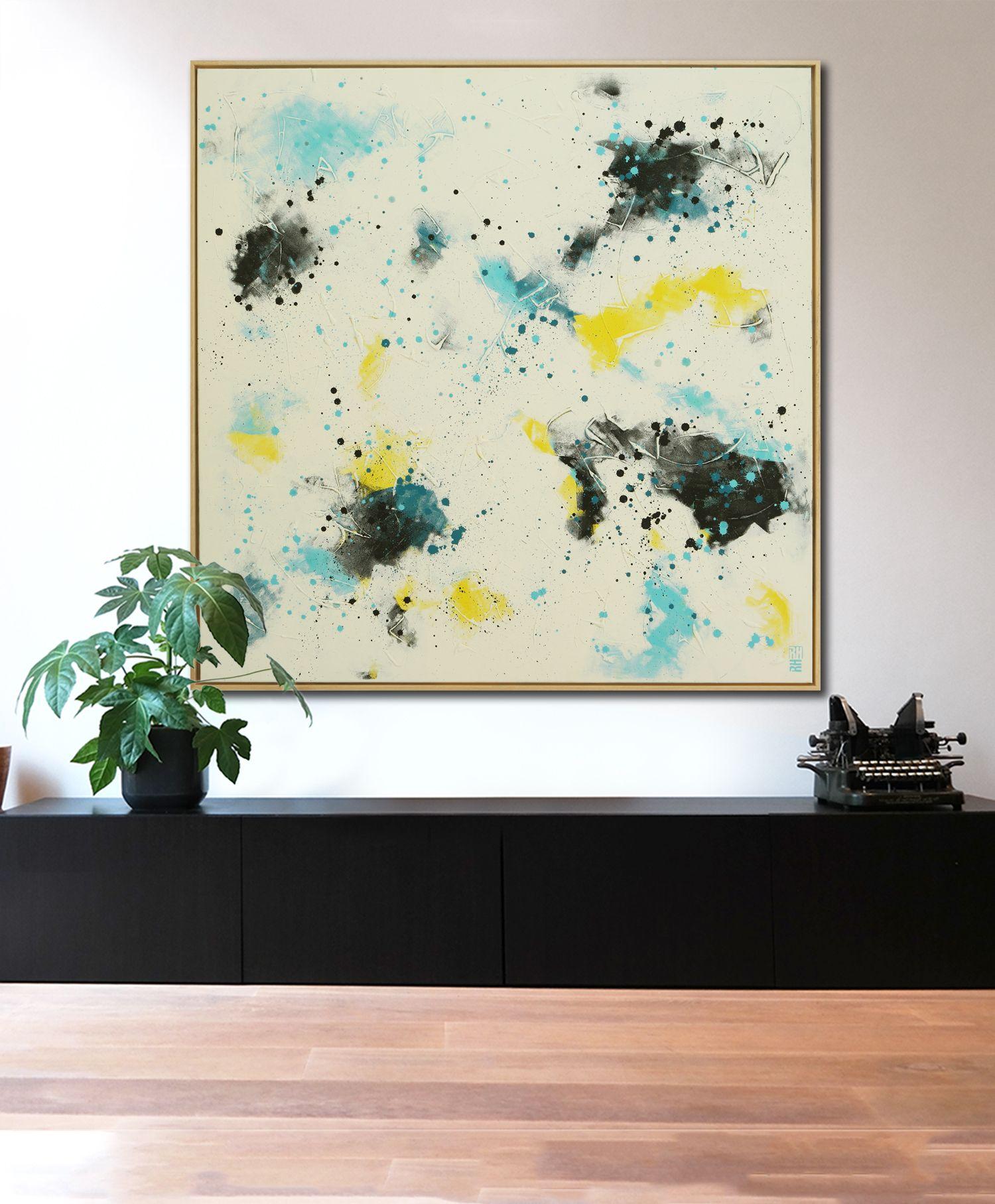 A minimalist design, primarily white, with hints of blue and yellow. With quick brush strokes and through multiple layers of paint and texture Ronald aims to create a sense of depth. This elegant artwork will complement your interior style.    This