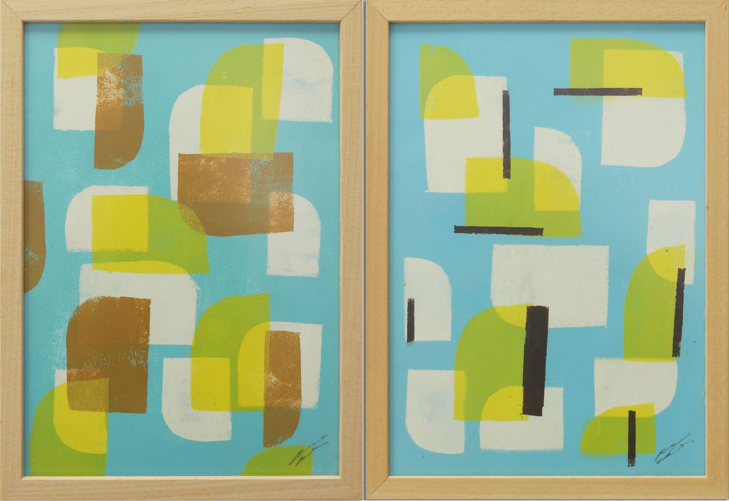 Ronald Hunter Abstract Painting - Yellow Blue Stacked- Diptych - Incl Frame, Painting, Acrylic on Paper