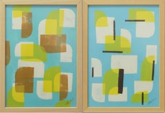 Yellow Blue Stacked- Diptych - Incl Frame, Painting, Acrylic on Paper
