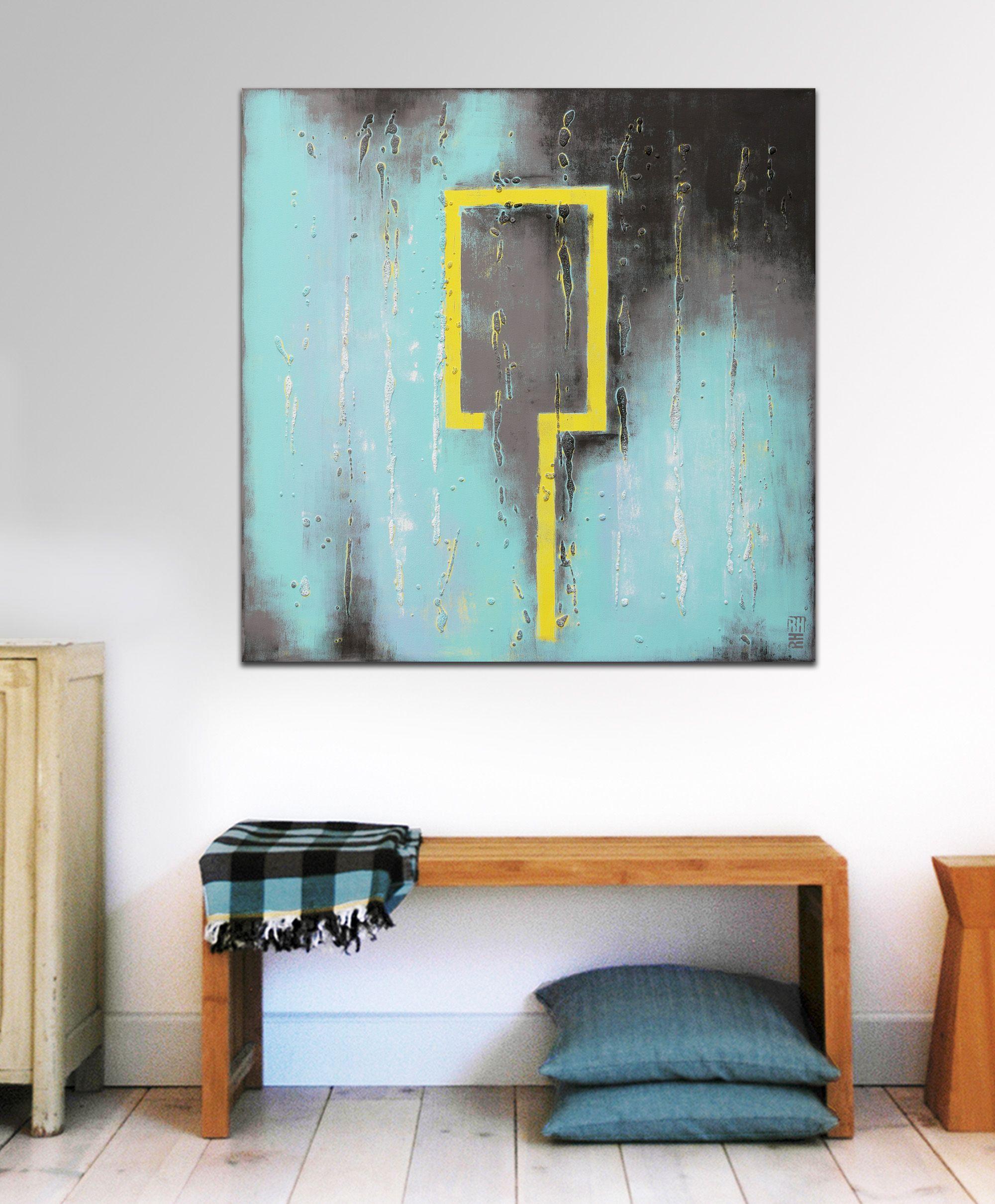 carré Yellow City 90x90, peinture, acrylique sur toile - Bleu Abstract Painting par Ronald Hunter