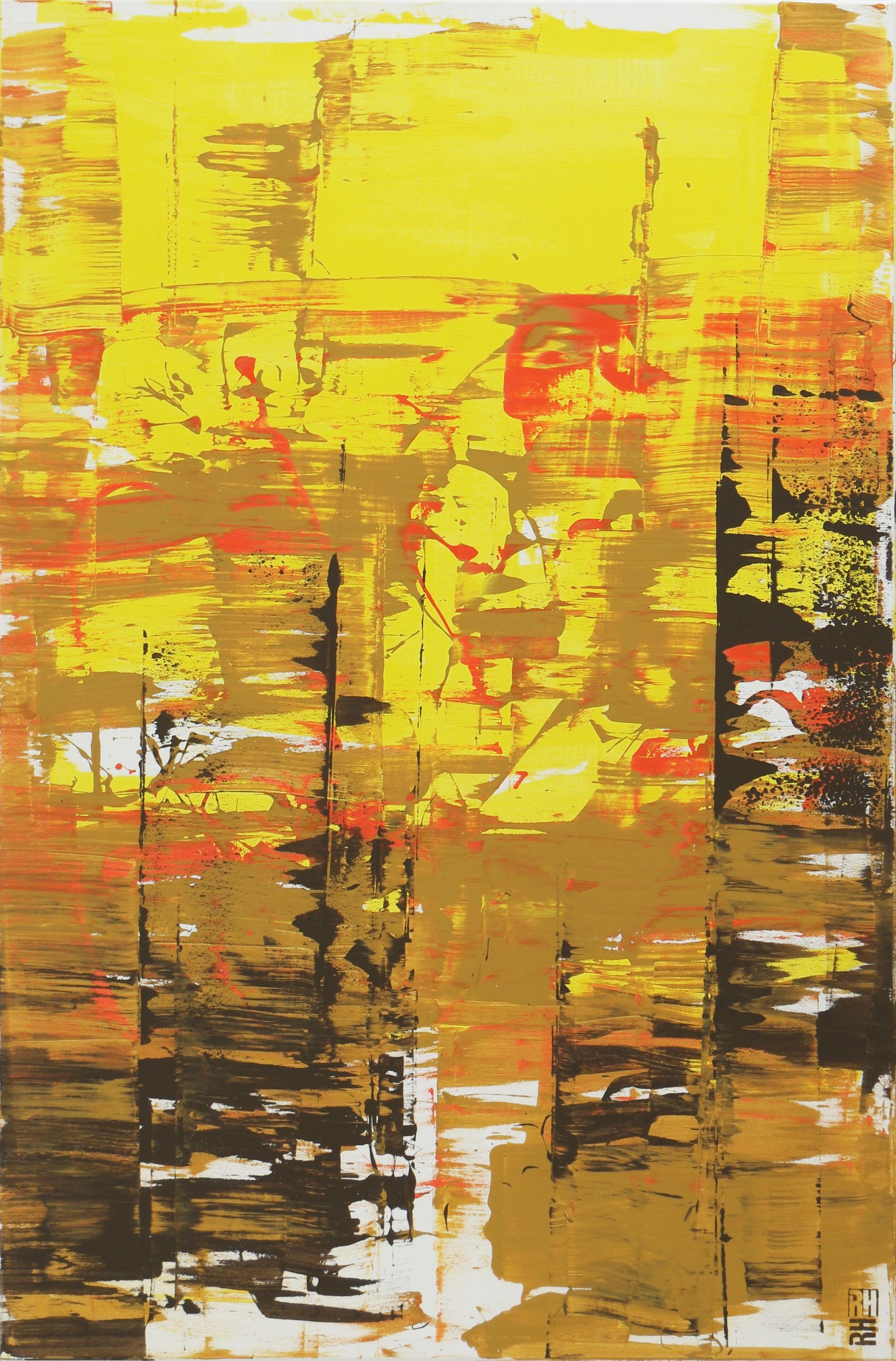 Ronald Hunter Abstract Print - Static in Yellow & Camel, Digital on Canvas