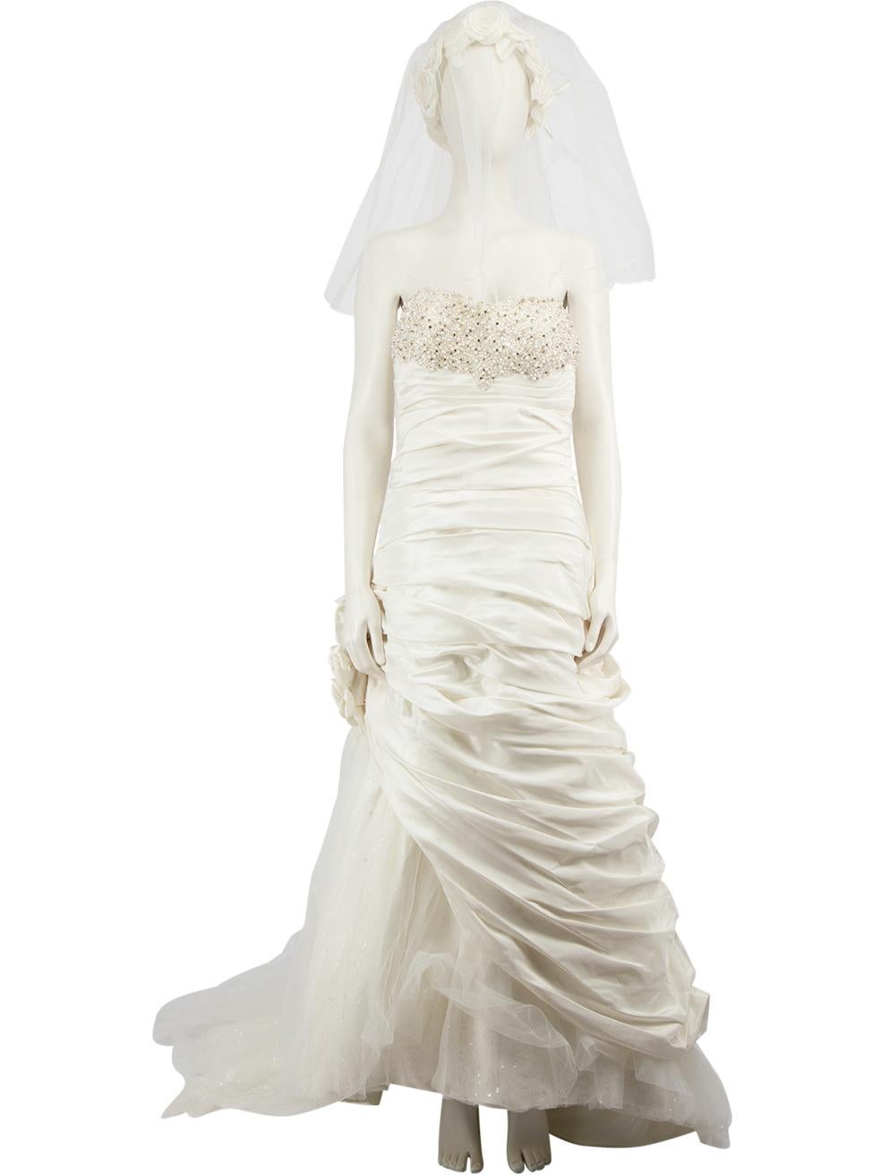 Ronald Joyce Cremefarbenes kristallverziertes Hochzeitskleid Größe XL Damen im Angebot