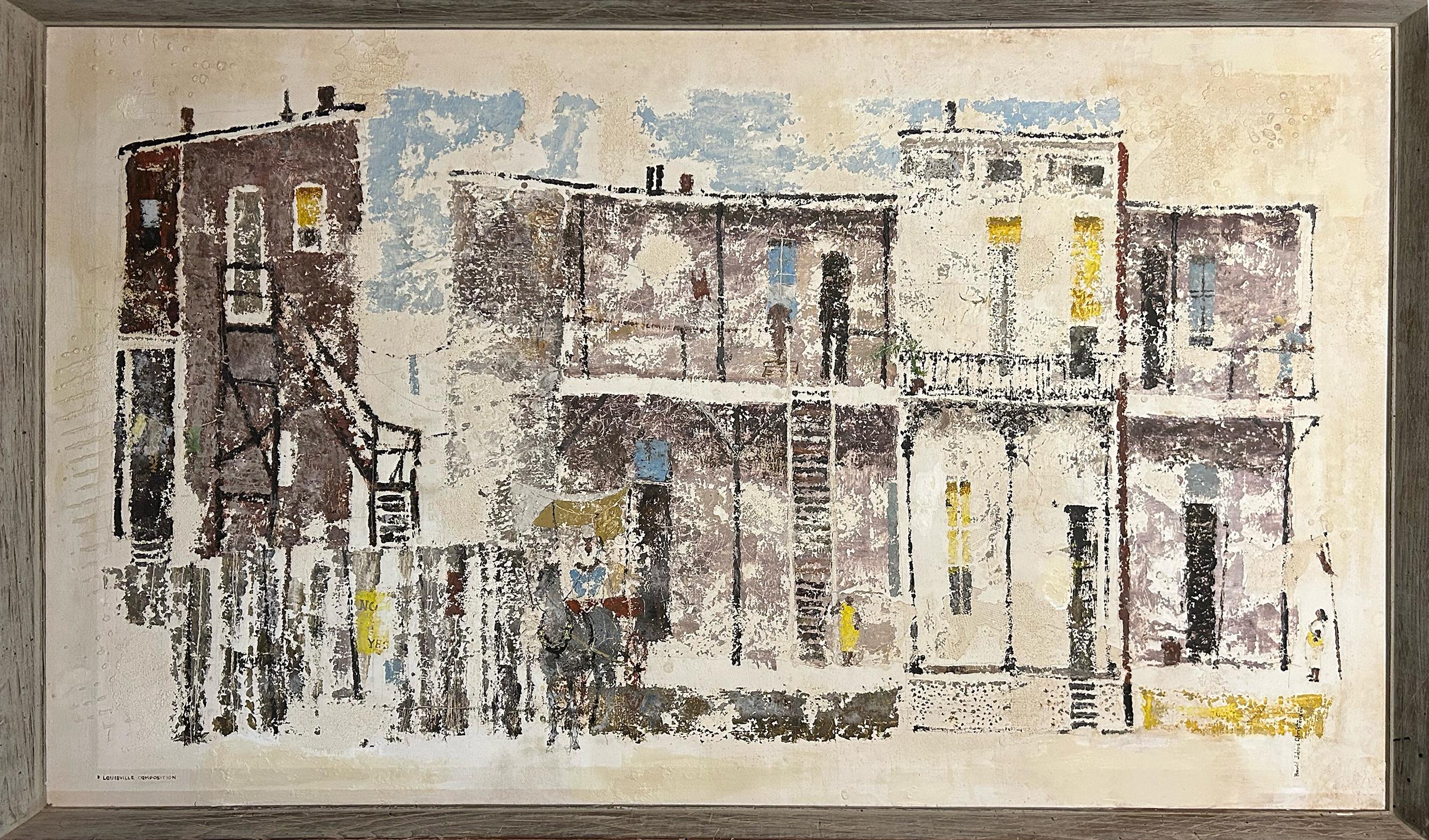 Composizione Lousville di Ronald Julius Christensen, americano (1923-1999)
Acrilico su masonite, firmato e titolato
Dimensioni: 26,5 x 45,5 pollici (67,31 x 115,57 cm)
Dimensioni del telaio: 27,5 x 45,5