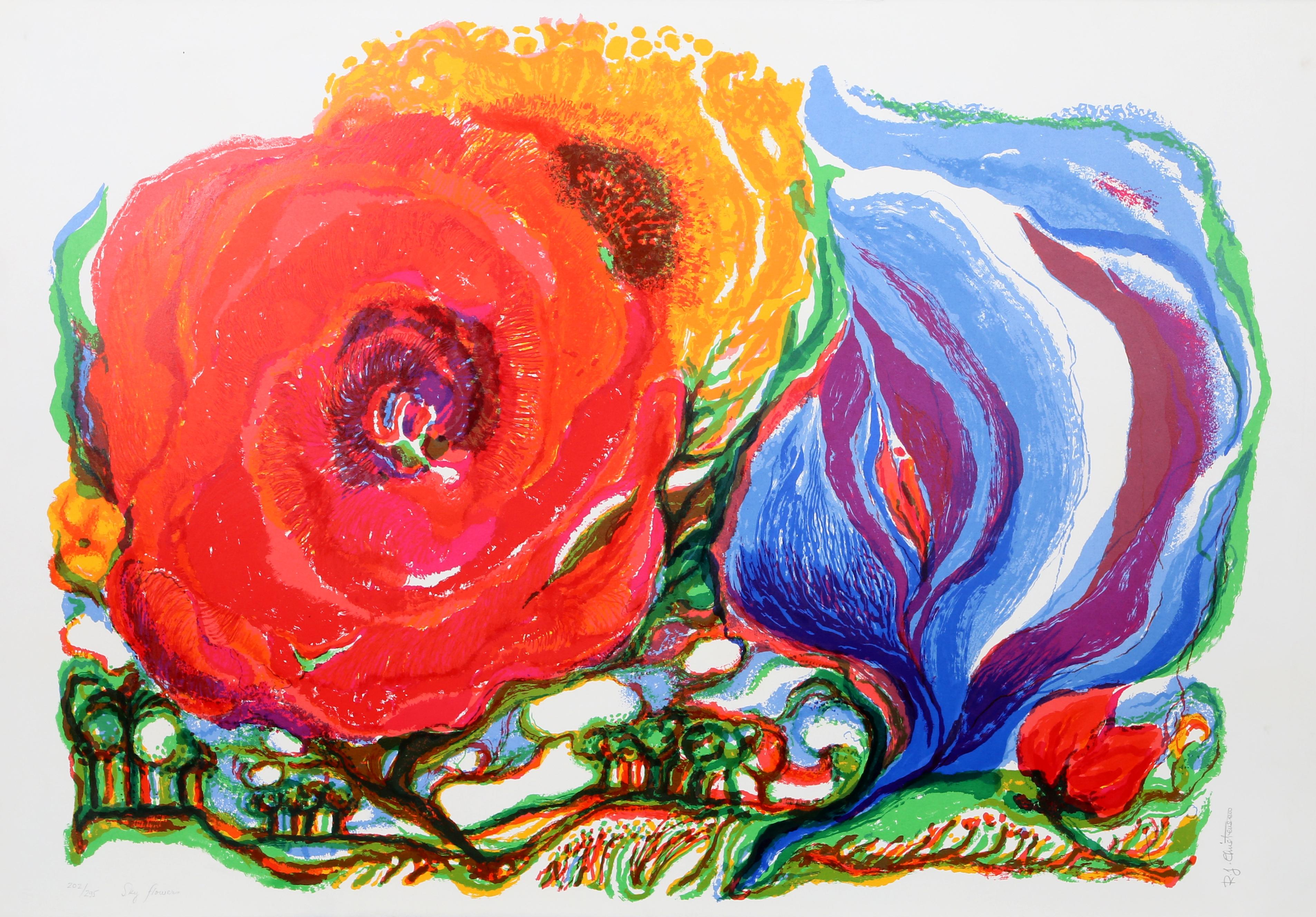 Fiori del cielo di Ronald Julius Christensen, americano (1923-1999)
Data: 1980
Litografia, firmata e numerata a matita
Edizione di 295
Dimensioni: 27 pollici x 40 pollici (68,58 cm x 101,6 cm)

La rappresentazione di Ronald Julius Christensen di un