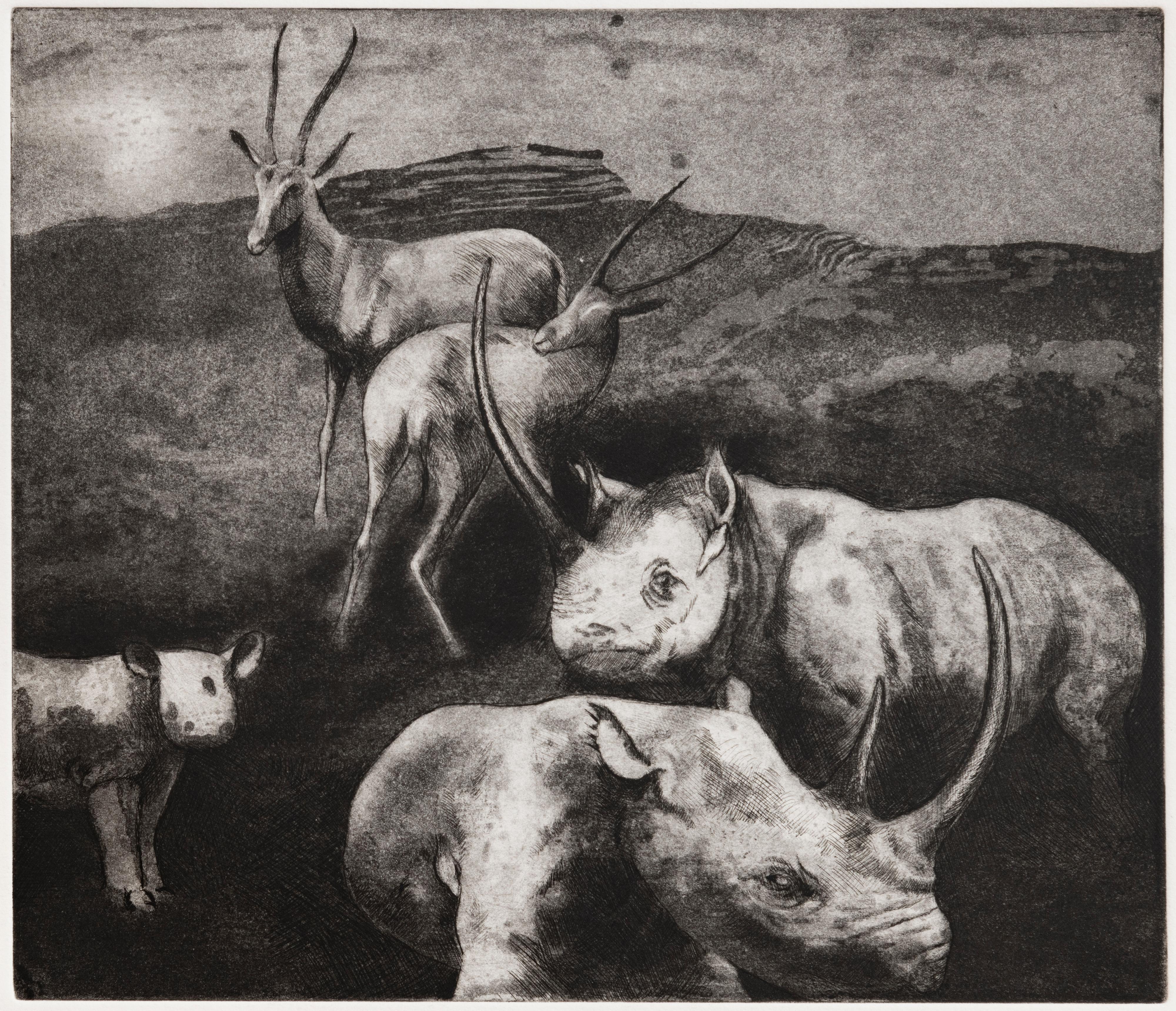 Ronald Katz Animal Print - Rhino and Antelope-A : etching with wild animals
